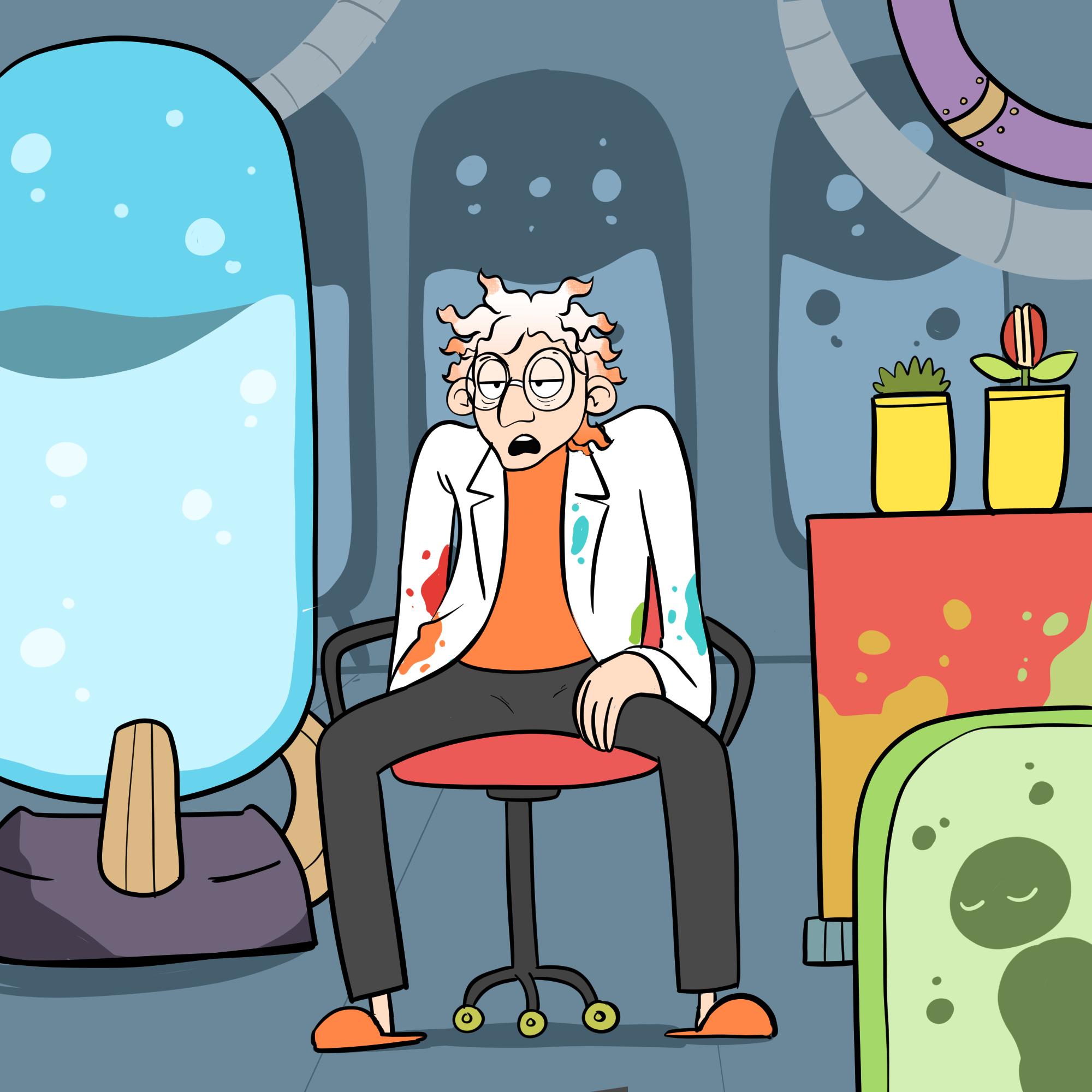 A picture of Doctor Splatterjacket in his lab looking very bored