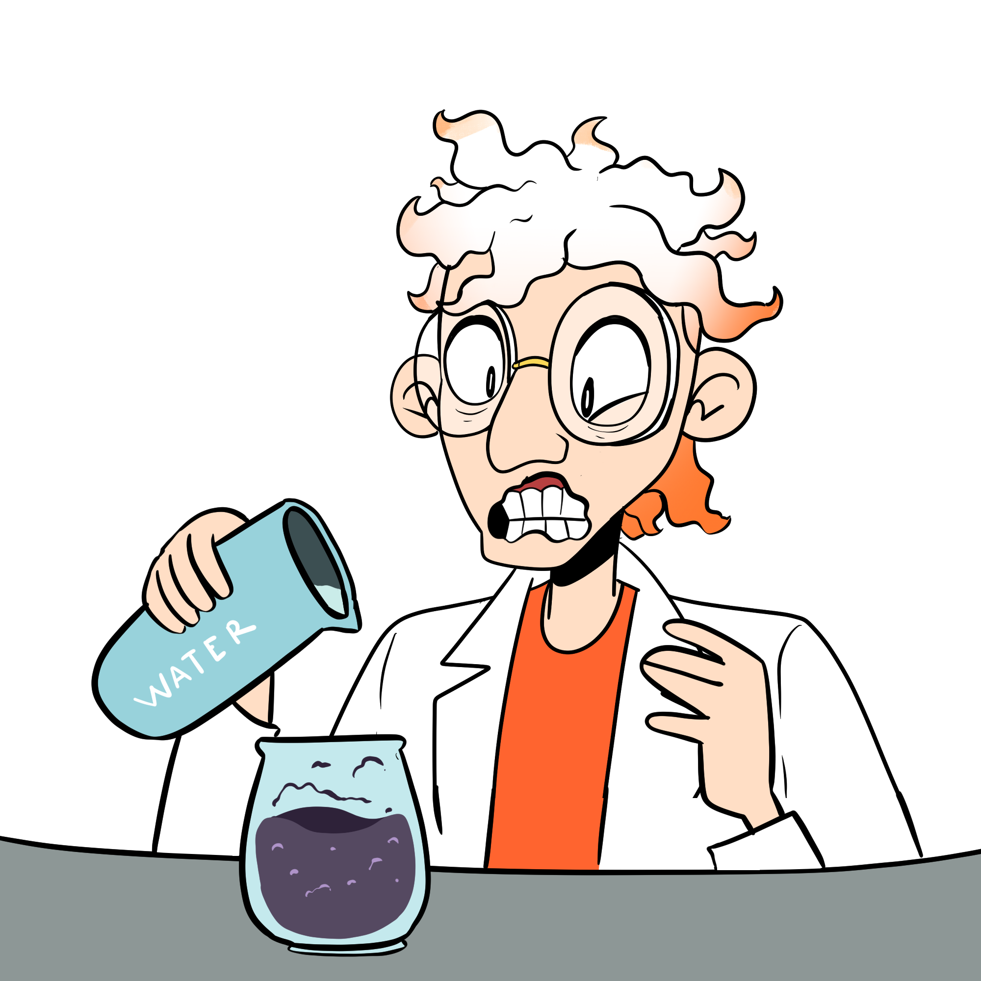 Dr. Splatterjacket looking worried while about to pour some water into a flask containing purple chemicals.