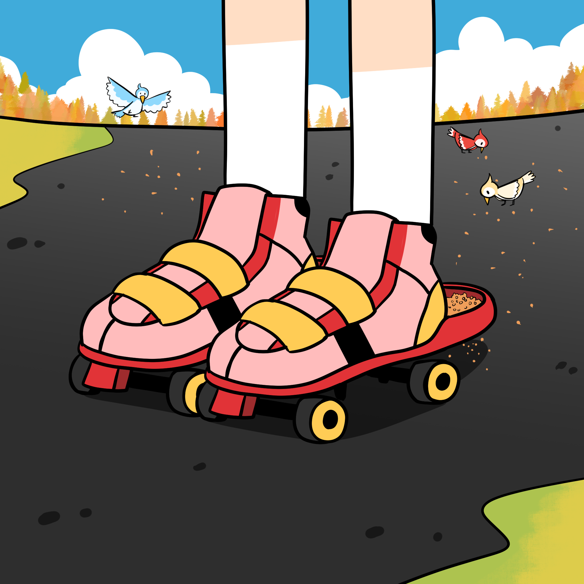 A person is wearing a pair of rollerskates with a section at the back which has birdseed in it. Birds are following along behind on the path eating the birdseed.