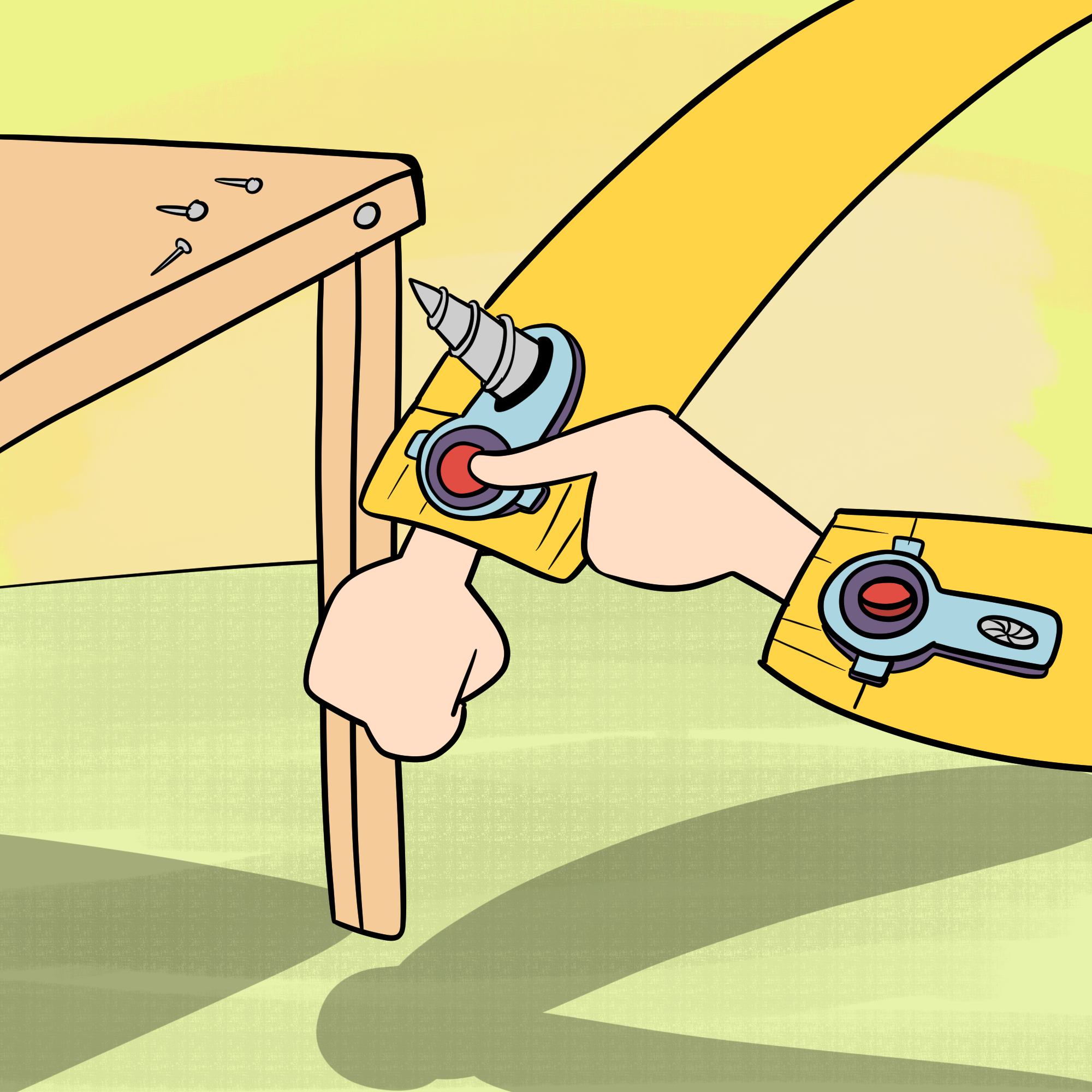 There is a table in the background with some screws and nails on it. In the foreground are two arms. One has a closed DrillButton a metal attachment for a sleeve with a red button. On the other arm a finger is pressing the button and a drill bit is coming out of the metal attachment.