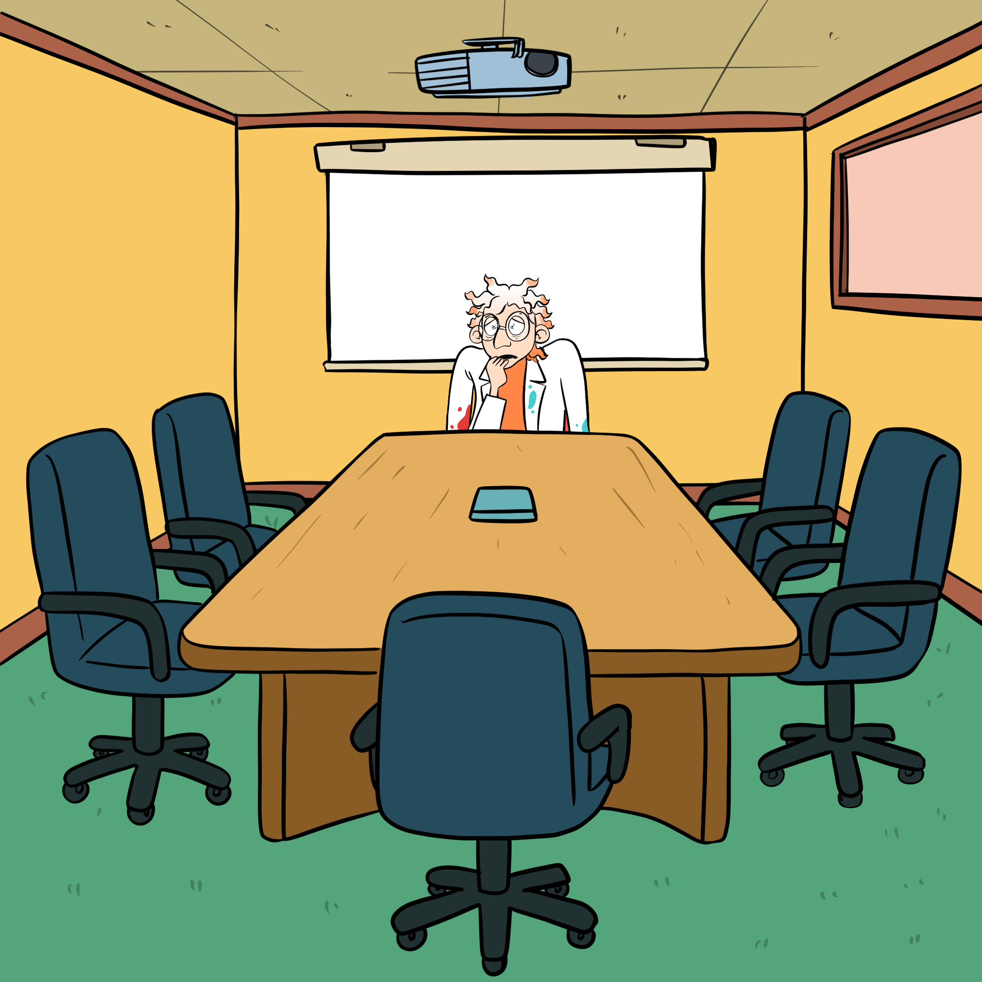 Dr Splatterjacket is sitting in a boardroom looking very worried.