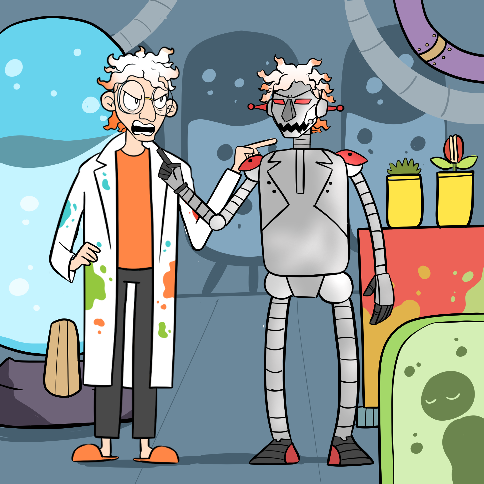 Dr Splatterjacket is standing in Zargoid 5's laboratory having an argument with Zargoid 5