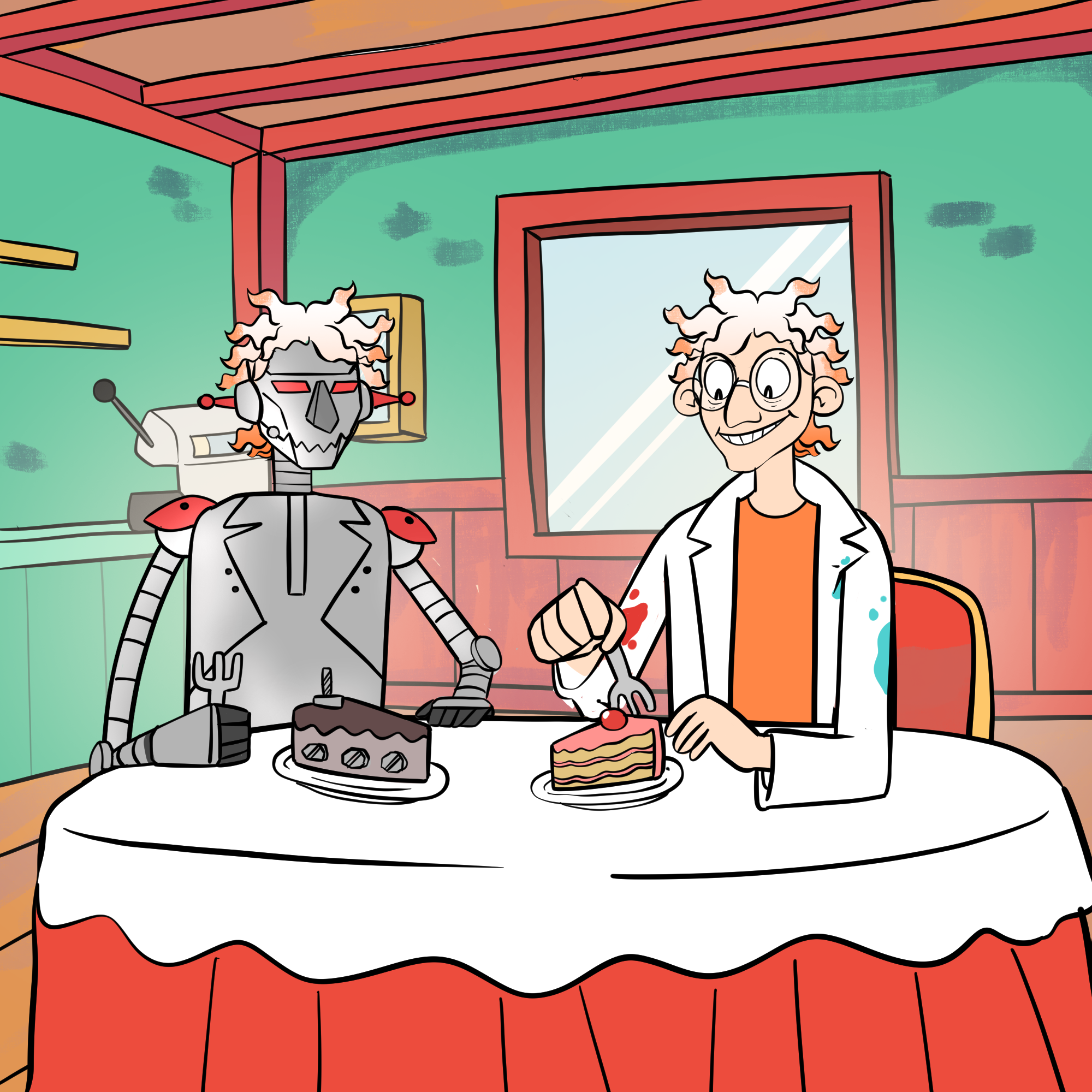 Dr Splatterjacket and Zargoid 5 are sitting at a table, each has a plate of cake in front of them. Dr Splatterjacket's cake has pink frosting, Zargoid 5's cake looks to be made of nuts and bolts.