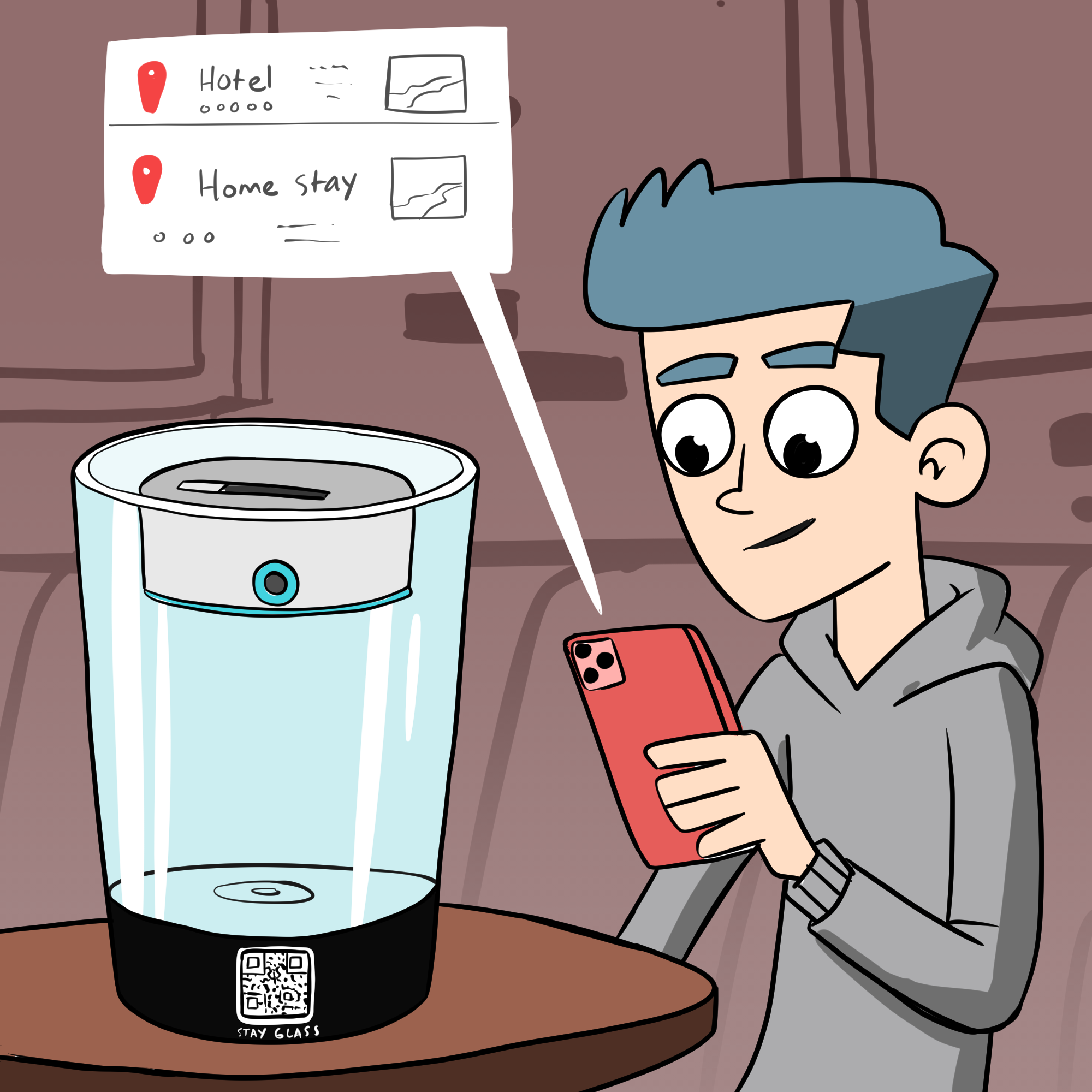 A man is looking at his phone which is suggesting hotel options to him which are being beamed to it by a glass with special scanning equiptment within it.