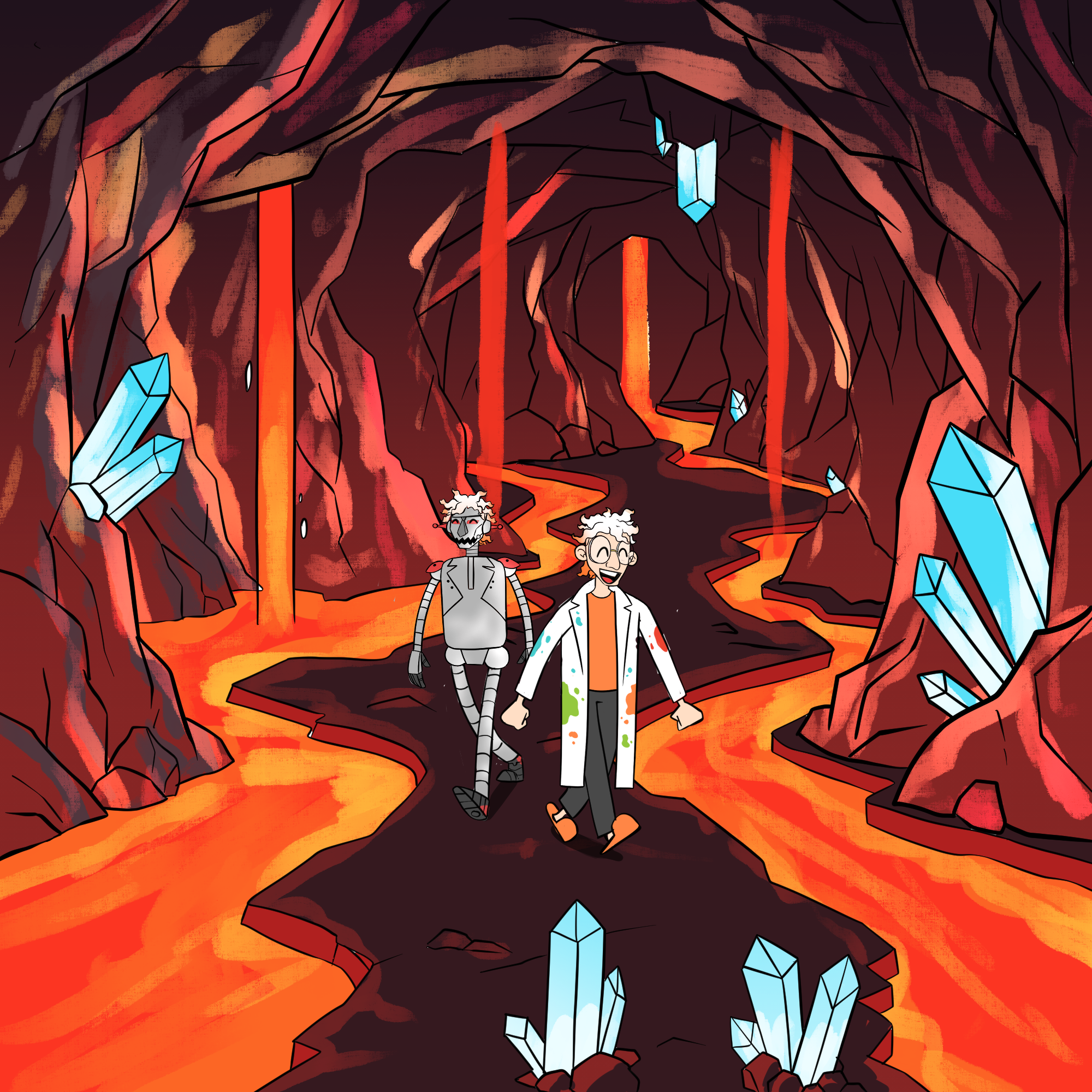 Dr Splatterjacket and Zargoid 5 are walking hapilly through a path in a giant cave, the path is between pools of liquid magma. There are diamonds sticking out of the walls of the cave.