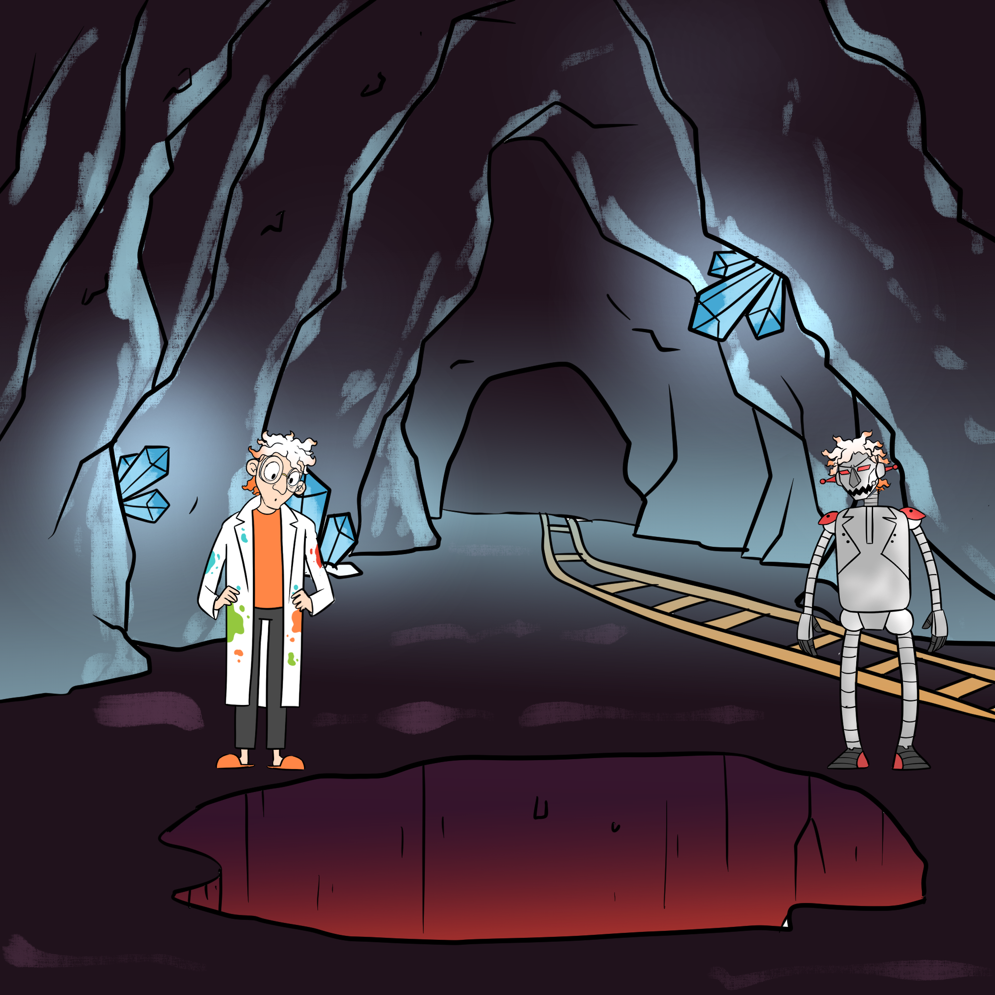 Dr Splatterjacket and Zargoid 5 are standing in a giant cave next to a hole. Both are looking down the hole, and look slightly worried.