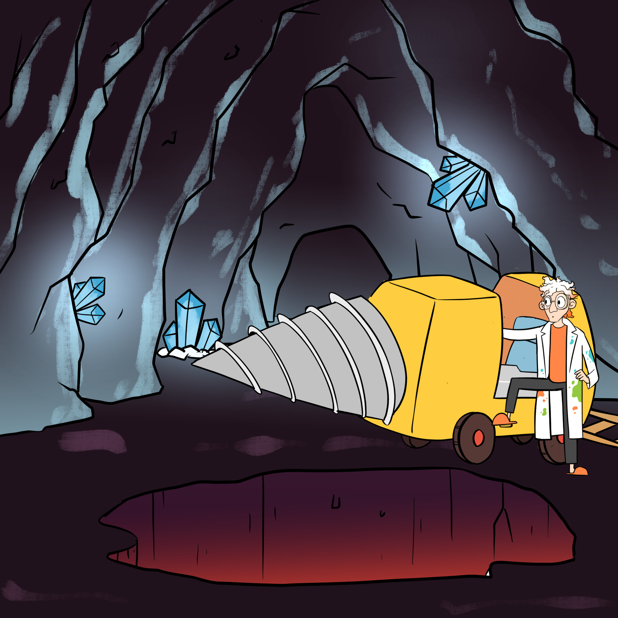 Dr Splatterjacket is standing next to a drill, about to get in, inside a giant cave, next to a large hole.