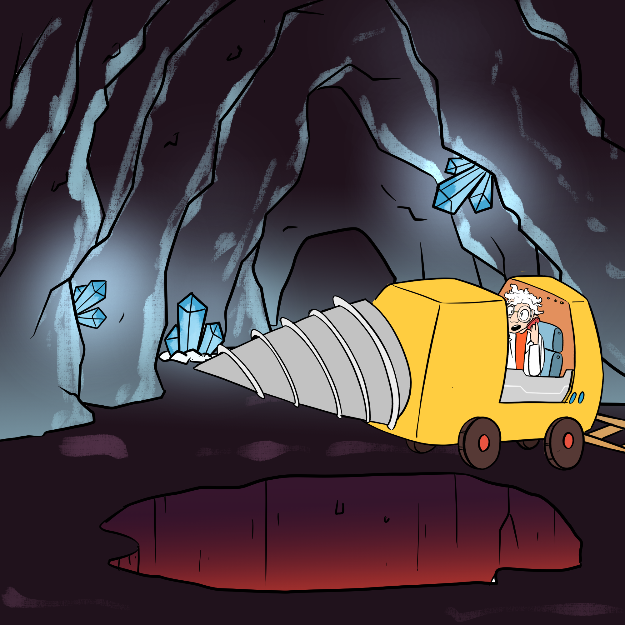 Dr Splatterjacket is sitting inside the cabin of a drill, inside a giant cave, next to a large hole and he is on the phone.
