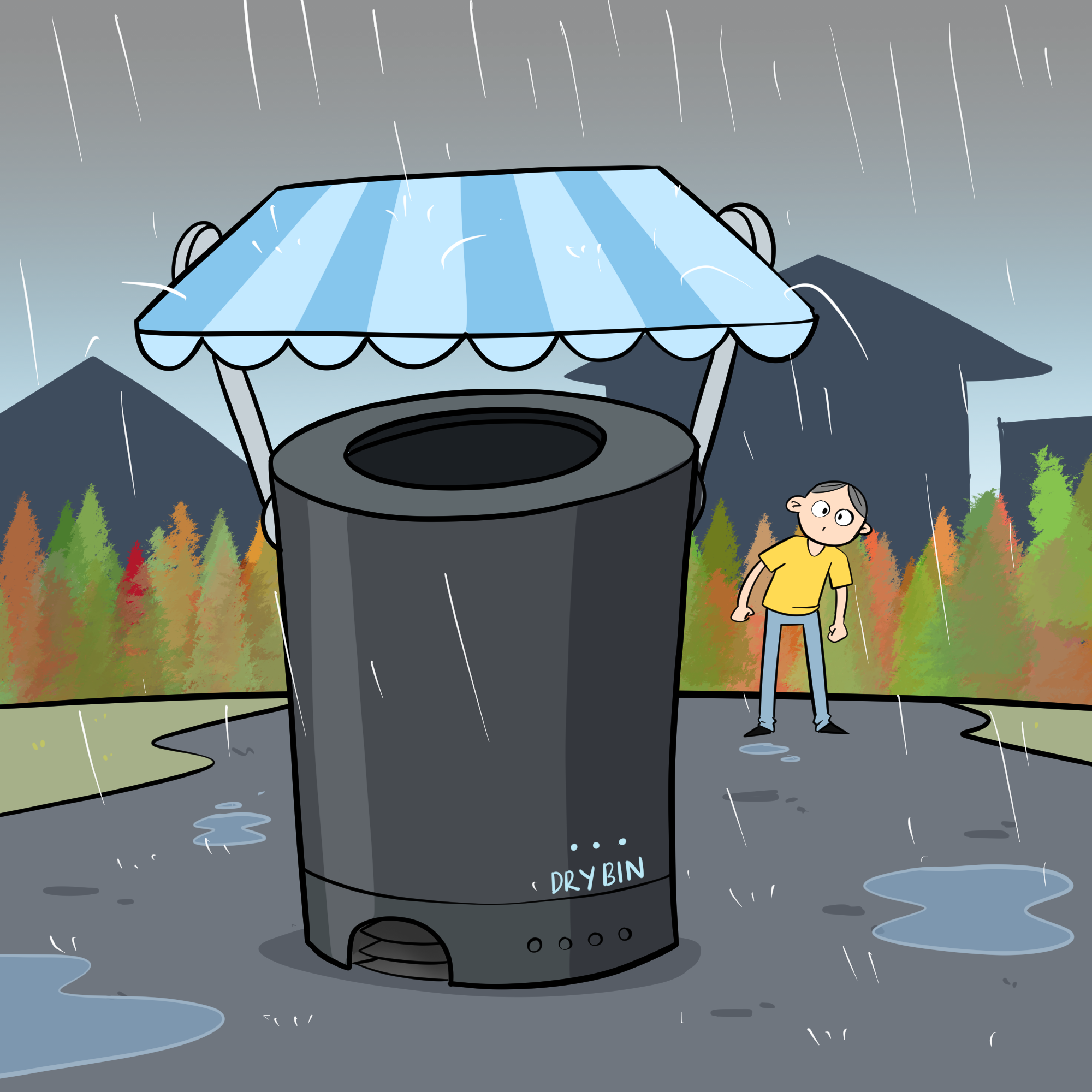 In the middle of the picture is a bin with a canopy on top. It is raining and behind the bin is a boy looking at the bin with interest.