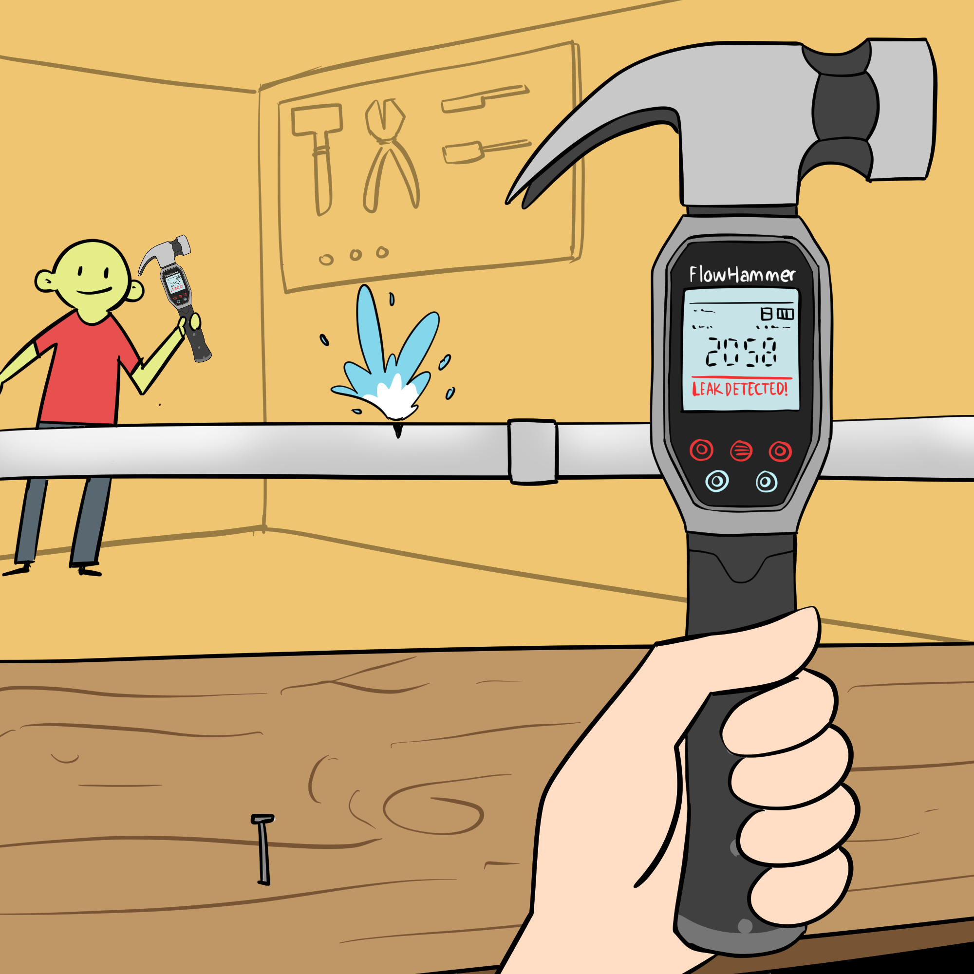 A man is holding a kind of hammer with a display on it. He’s smiling despite there clearly being a leak in a water pipe with water spirting out. In close up we see a better view of the hammer which has a digital display, mentioning that it is a leak detector and that it is called a FlowHammer.