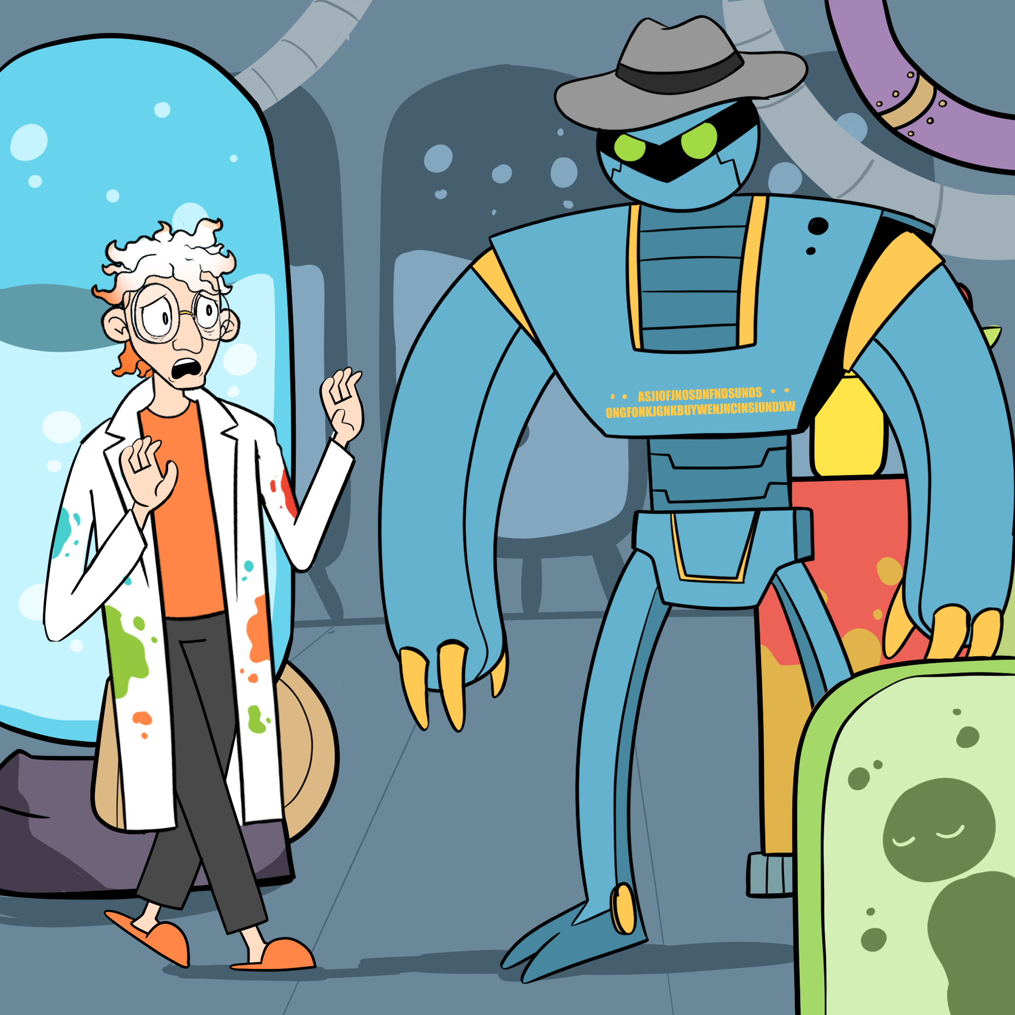 Dr Splatterjacket is standing in his lab next to a very large robot who looks quite mad with him.