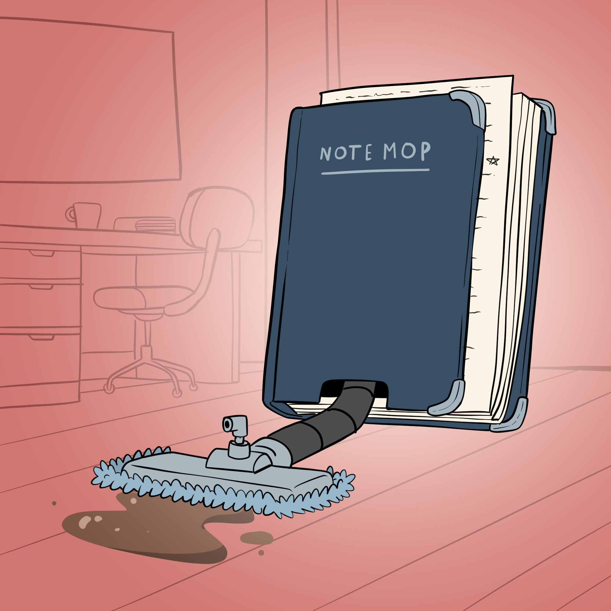 A notebook with pages showing inside it has a mop on an adjustable arm coming out of the bottom of it, it is cleaning up a brown liquid spilled on the floor of the office it is in. On the cover of the notebook it says NoteMop.