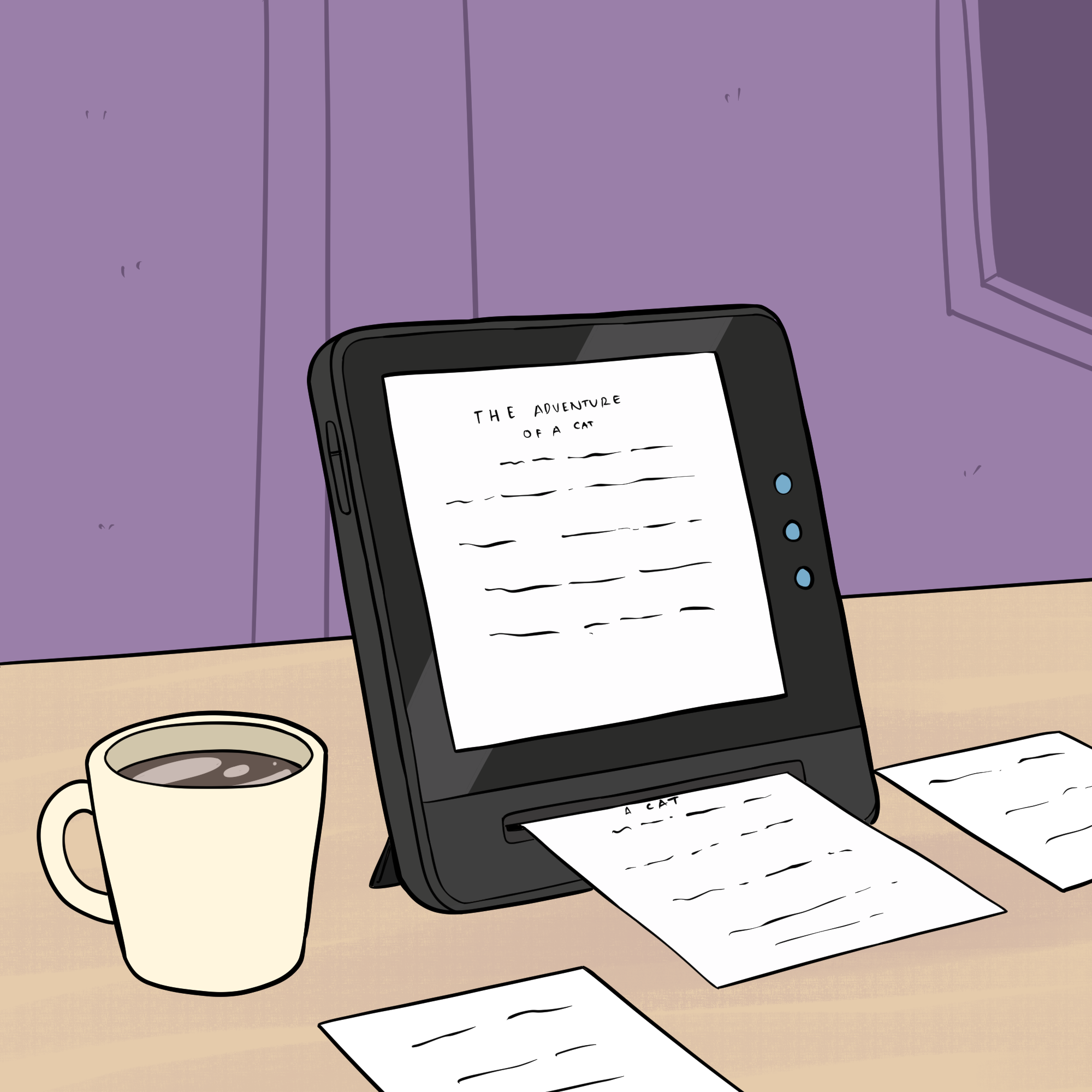 A cup of coffee and a tablet computer are on a desk. There is text on the screen and that text is also coming out of the screen on a piece of paper. There are other pages of paper on the table.