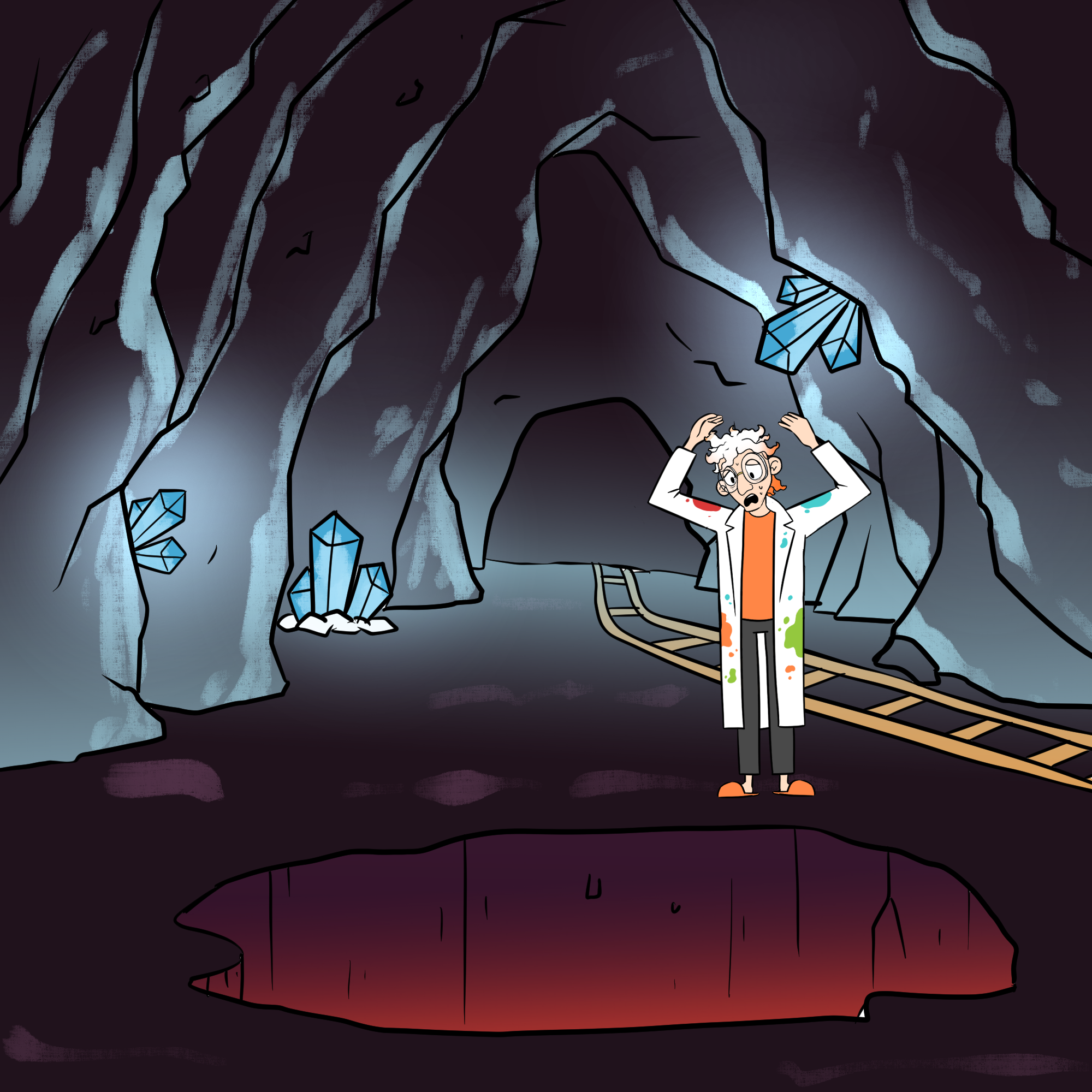 Dr Splatterjacket is standing in a giant cave next to a hole. He is looking down the hole, and looks quite worried with his arms above his head, thrown up in shock.