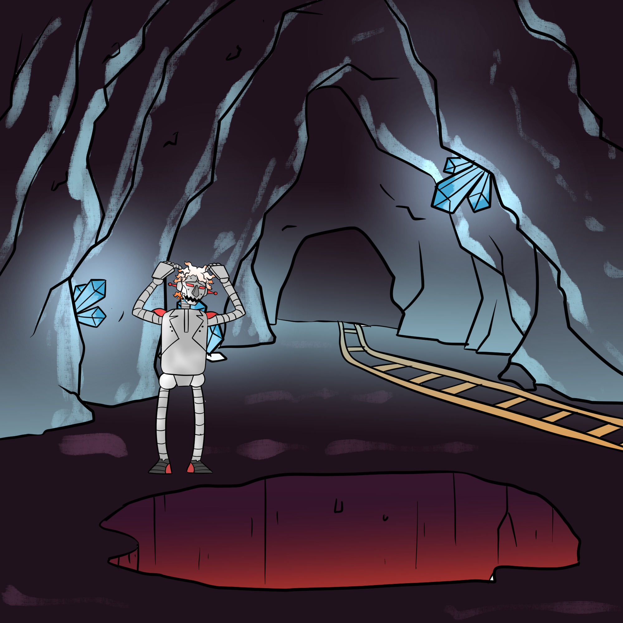 Zargoid 5 is standing in a giant cave next to a hole. He is looking down the hole, and looks quite worried with his arms above his head, thrown up in shock.