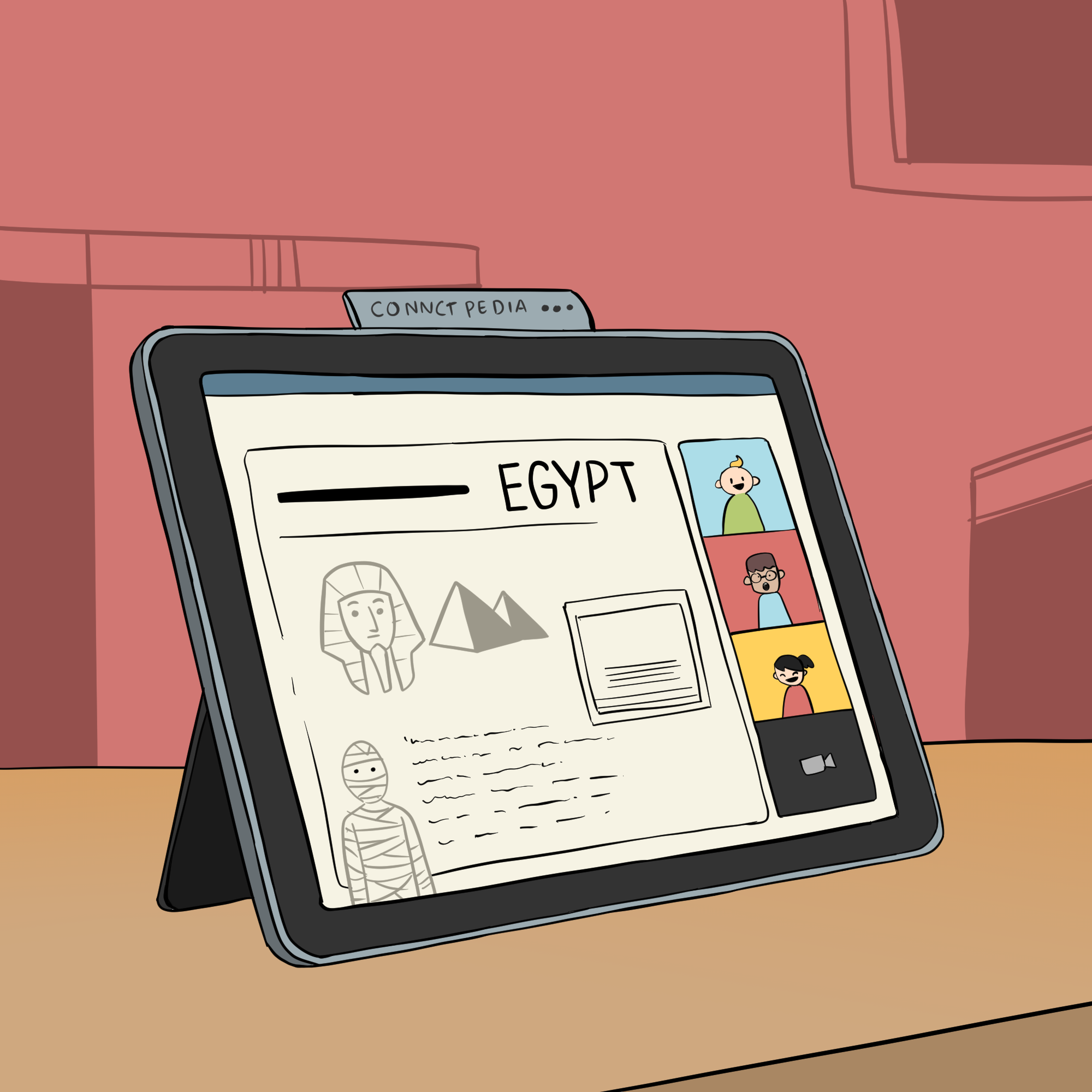 A tablet computer is sitting on a desk. It says the word Connectopedia at the top. On the right hand side are several faces of people on video calls in boxes, on the left is a presentation about ancient Egypt.