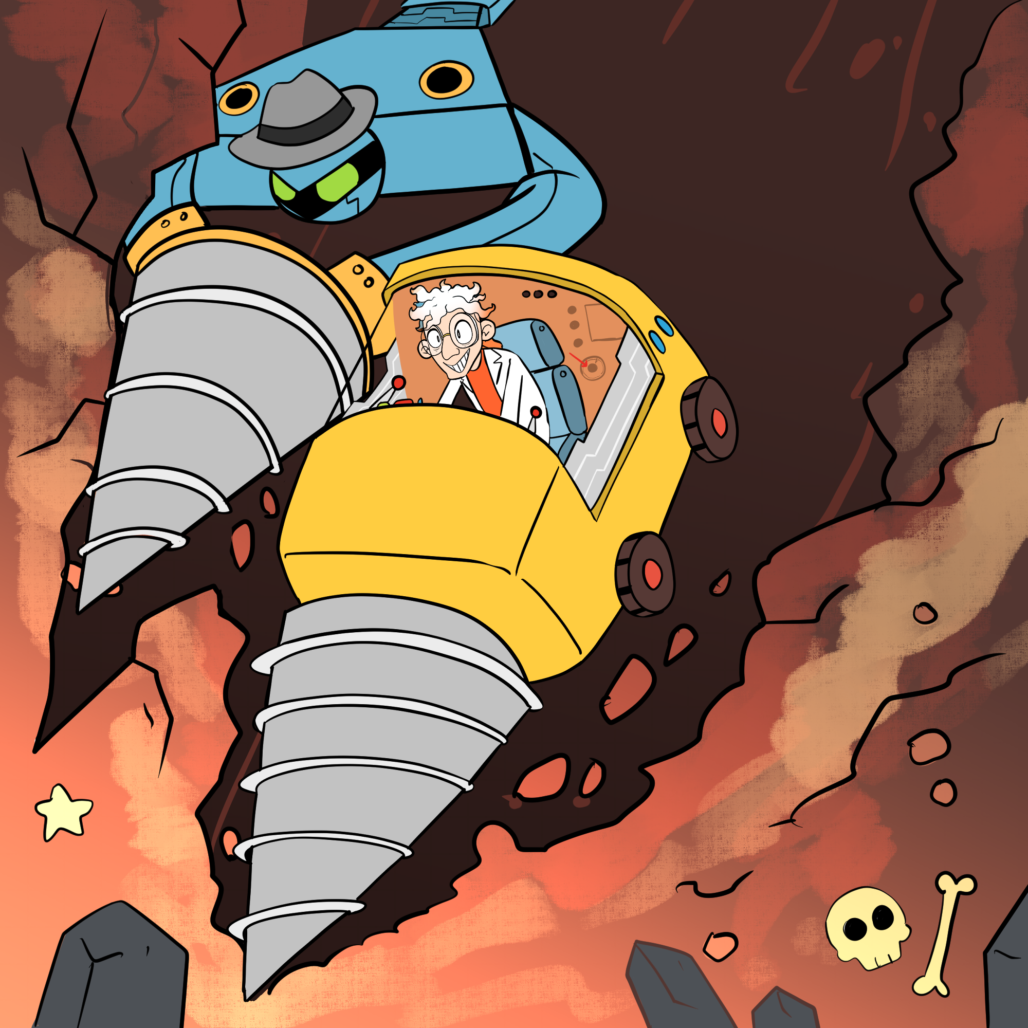 Dr Splatterjacket and the Henchman are both drilling through solid rock sitting inside individual yellow drill vehicles.