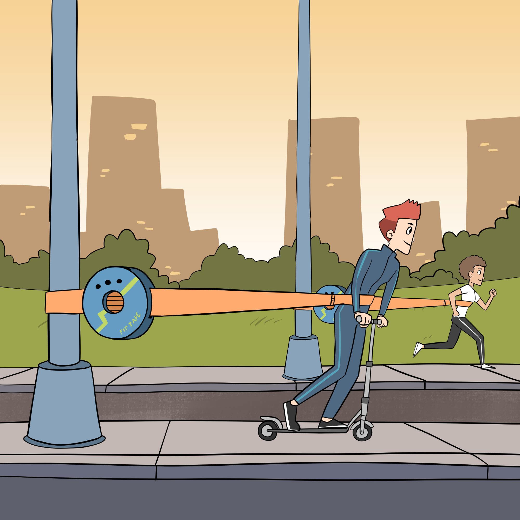 Two men are seemingly moving quickly forwards one on a scooter and one running, except they are each attached to separate lampposts by a rubber band with a label that says FitTape on it and there is a high tension coil that is keeping the band strong.