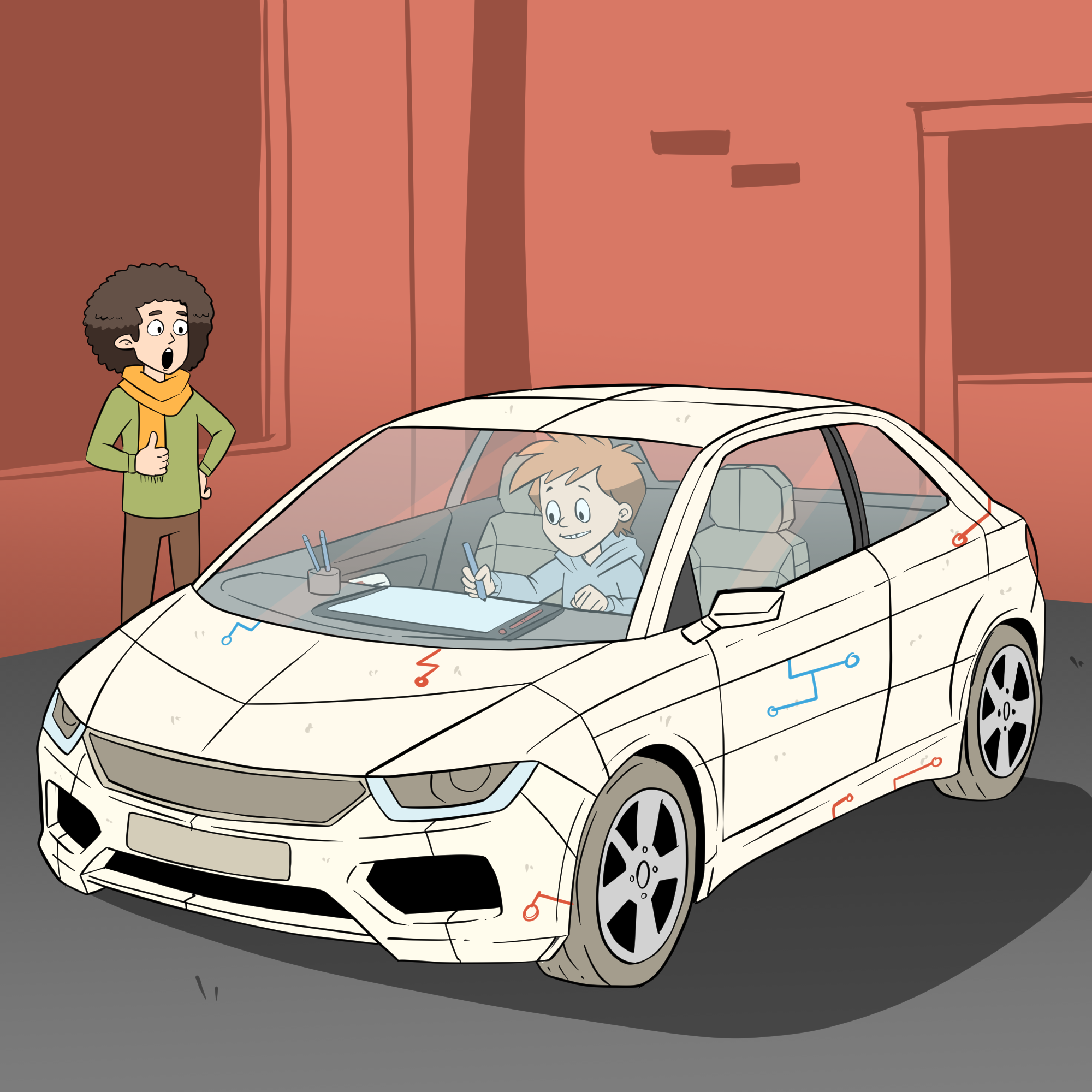 A man is sitting in the front of a car drawing on to a tablet computer, whatever he is drawing is being reflected on the outside of the car making a cool pattern on the car, another man is standing near the car looking at it and gasping in delight.