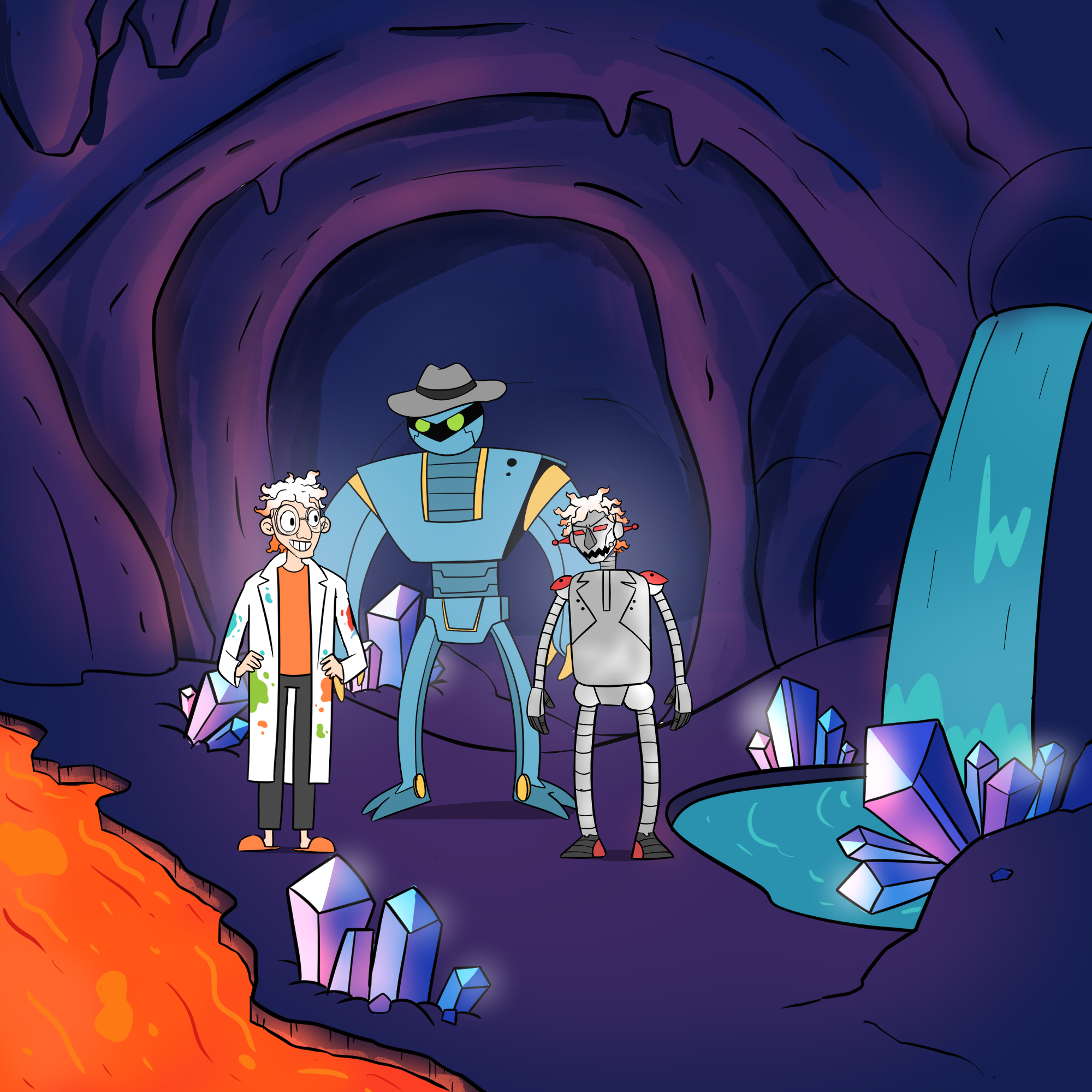 Dr Splatterjacket, ASJIOFJNOSDNFNDSUNDS ONGFONKJGNKBUYWENJNCINSIUNDXW and Zargoid 5 are all reunited and by the side of a river of lava and a river of water.