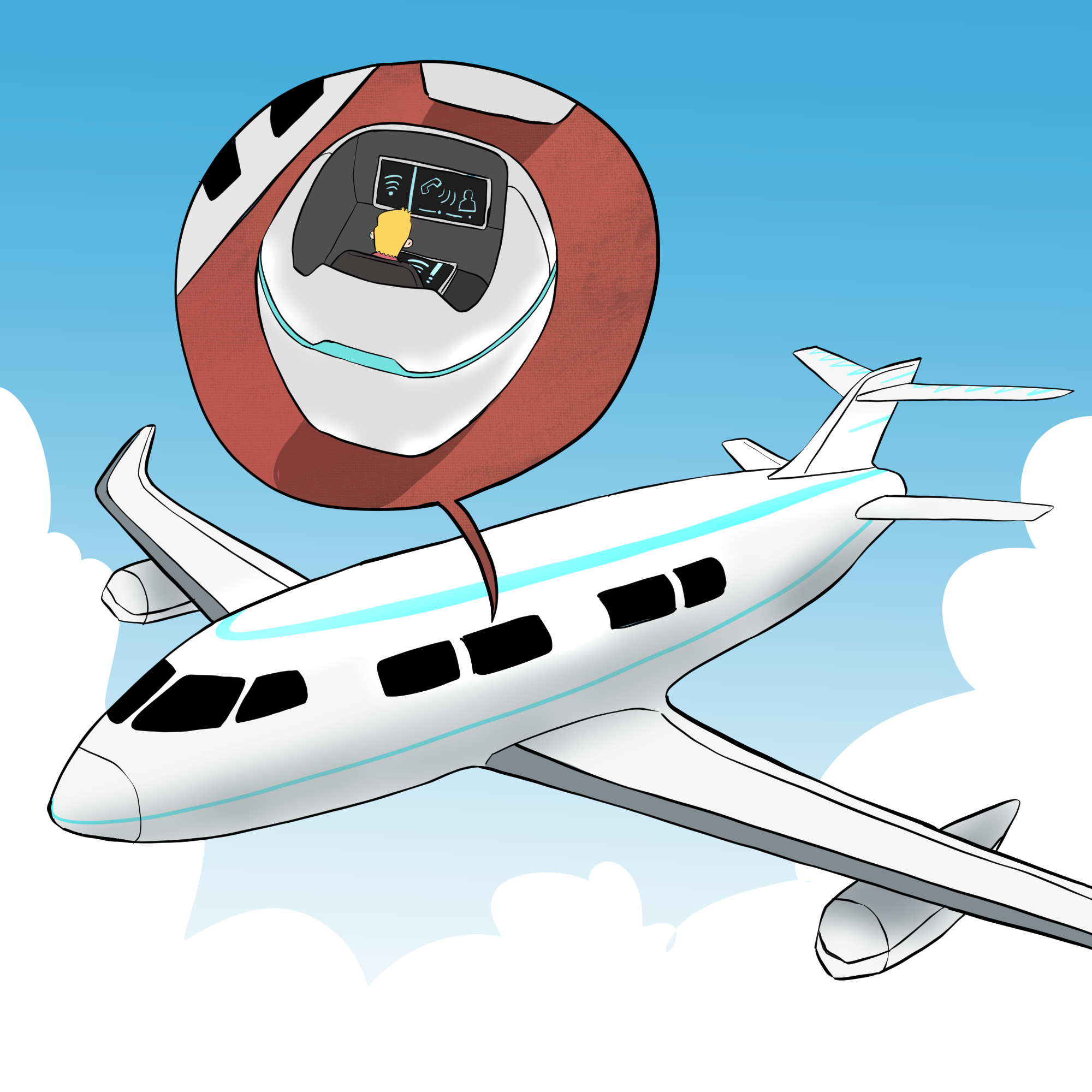 A jet plane is flying through the sky. A thought bubble is coming out of the plane showing that inside is a man in front of several screens that show him communicating with people elsewhere.