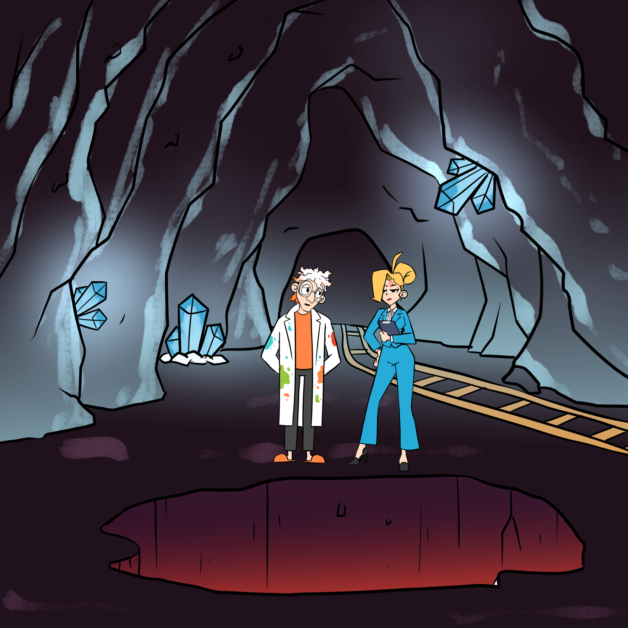 Dr Splatterjacket and a woman called Jenny are standing in front of a hole, Jenny looks concerned and Dr Splatterjacket looks sheepish.