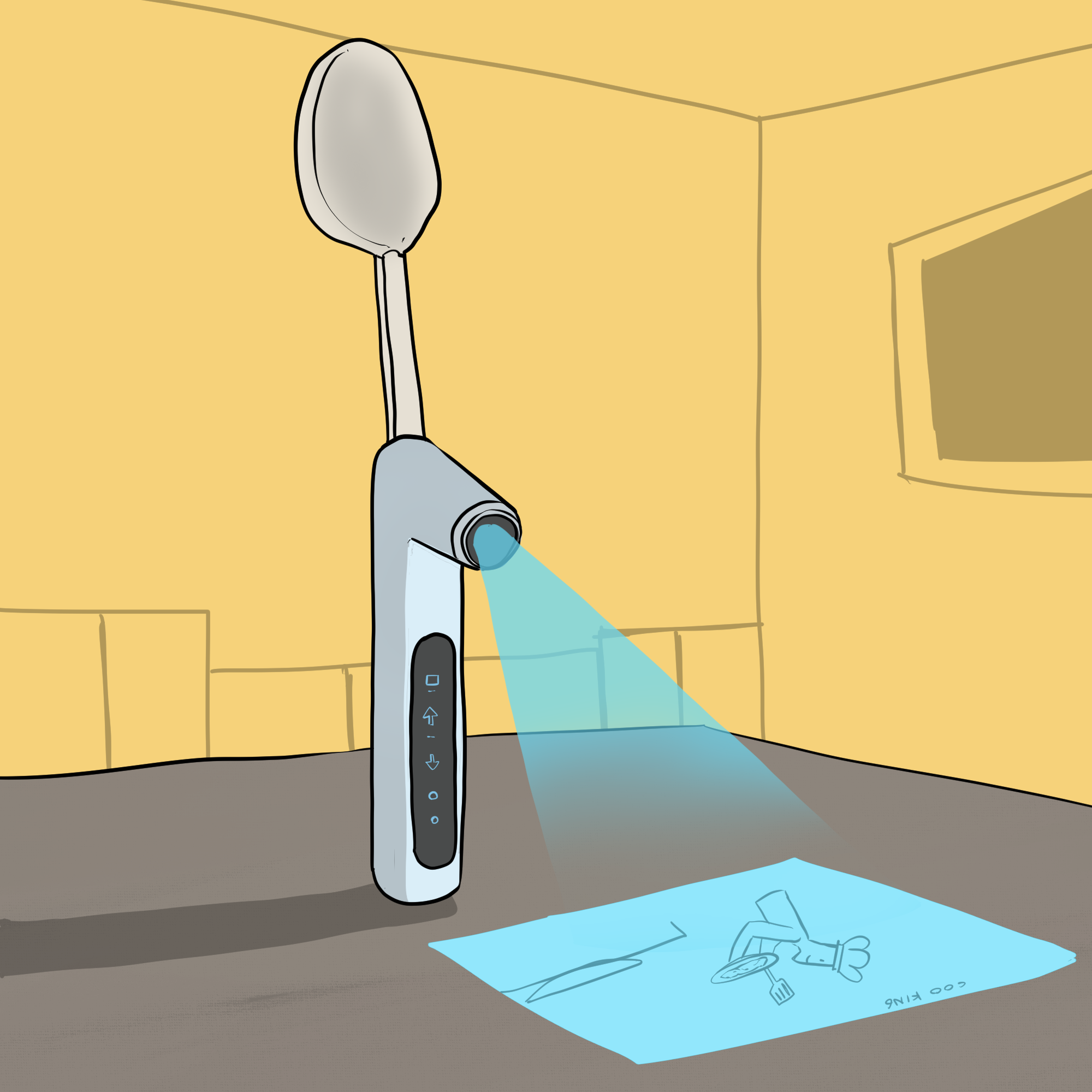 A spoon is standing on a table, on the handle of the spoon is a part that is standing out which has a lens in the middle which is projecting a display onto the table, on the table a chef is making some dish.