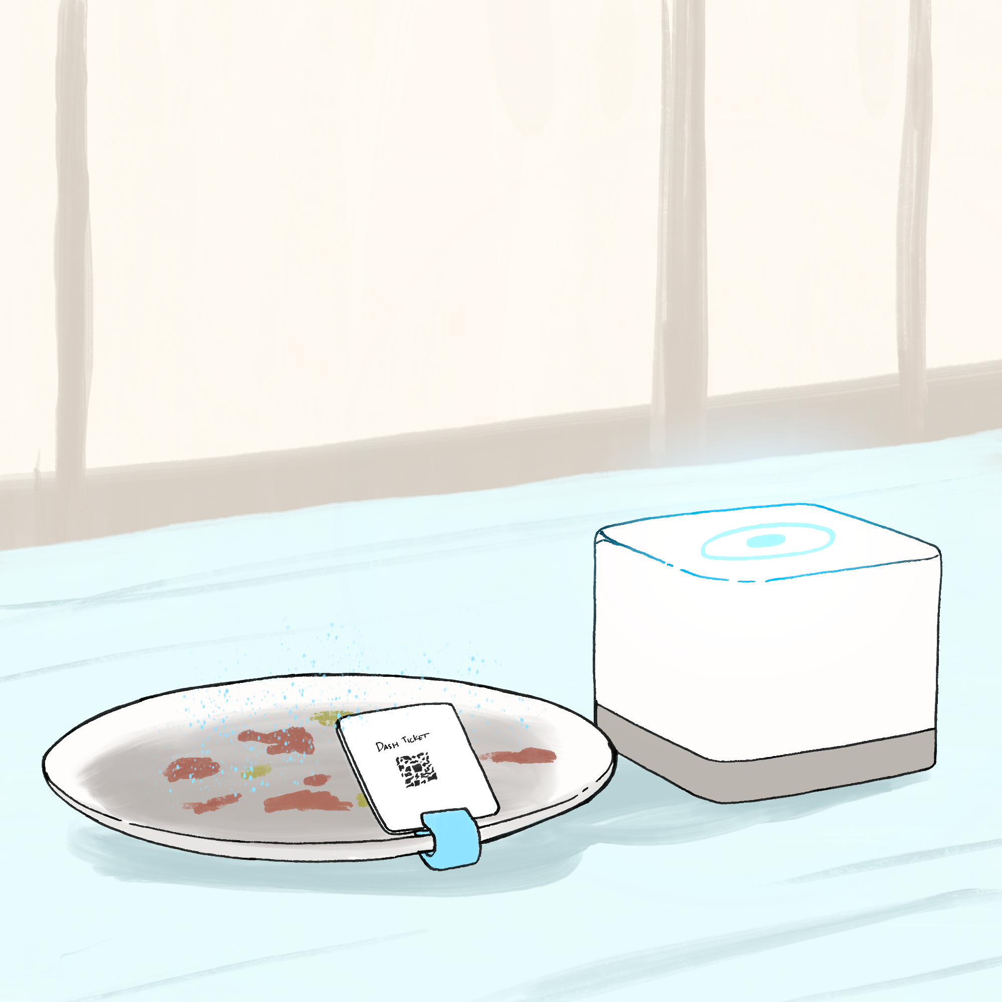 A dirty plate is sitting on a counter. A ticket is sitting on the plate and a spray is coming out of the ticket onto the plate. There is a white cube nearby.