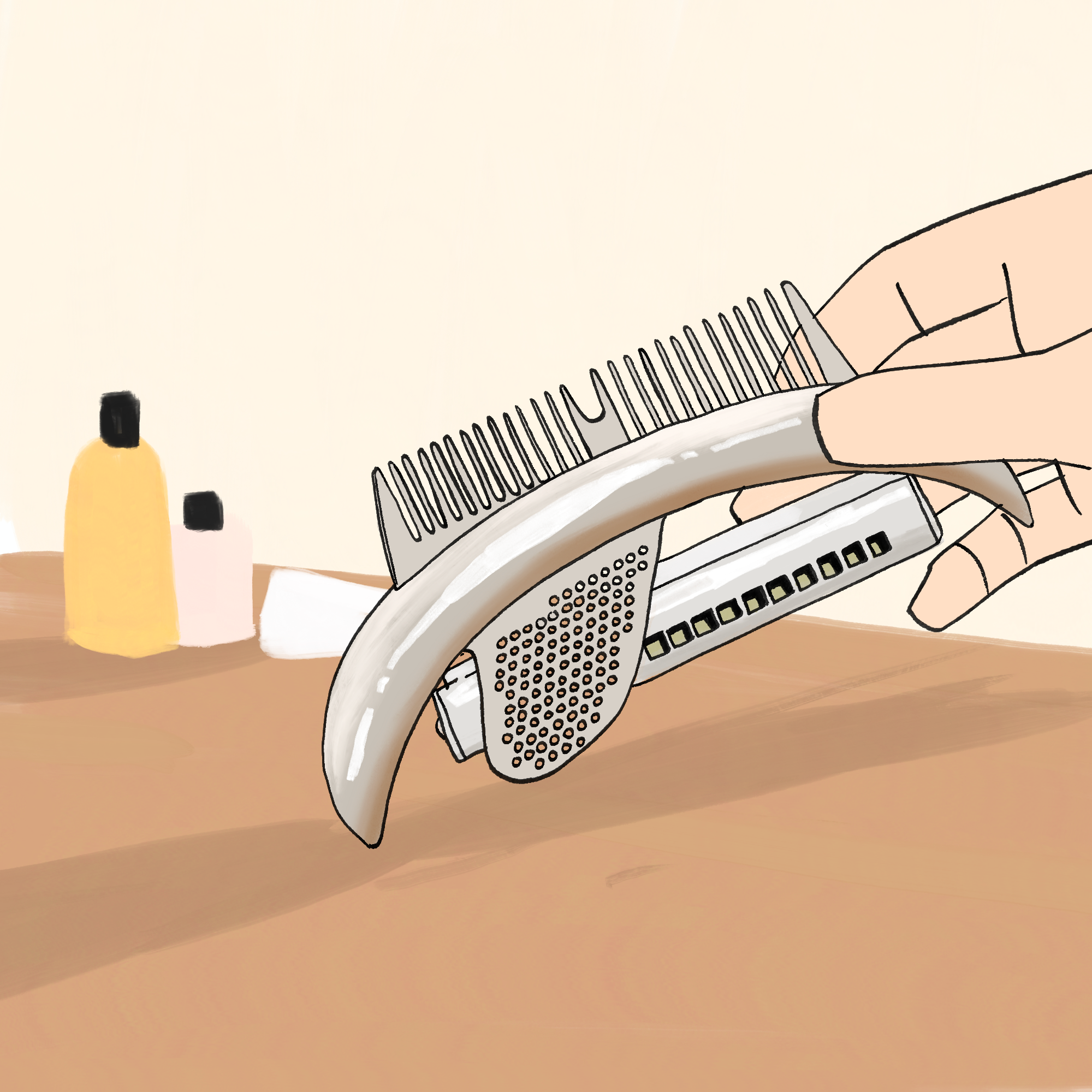 A combination comb and harmonica is being held by a hand above a dresser.