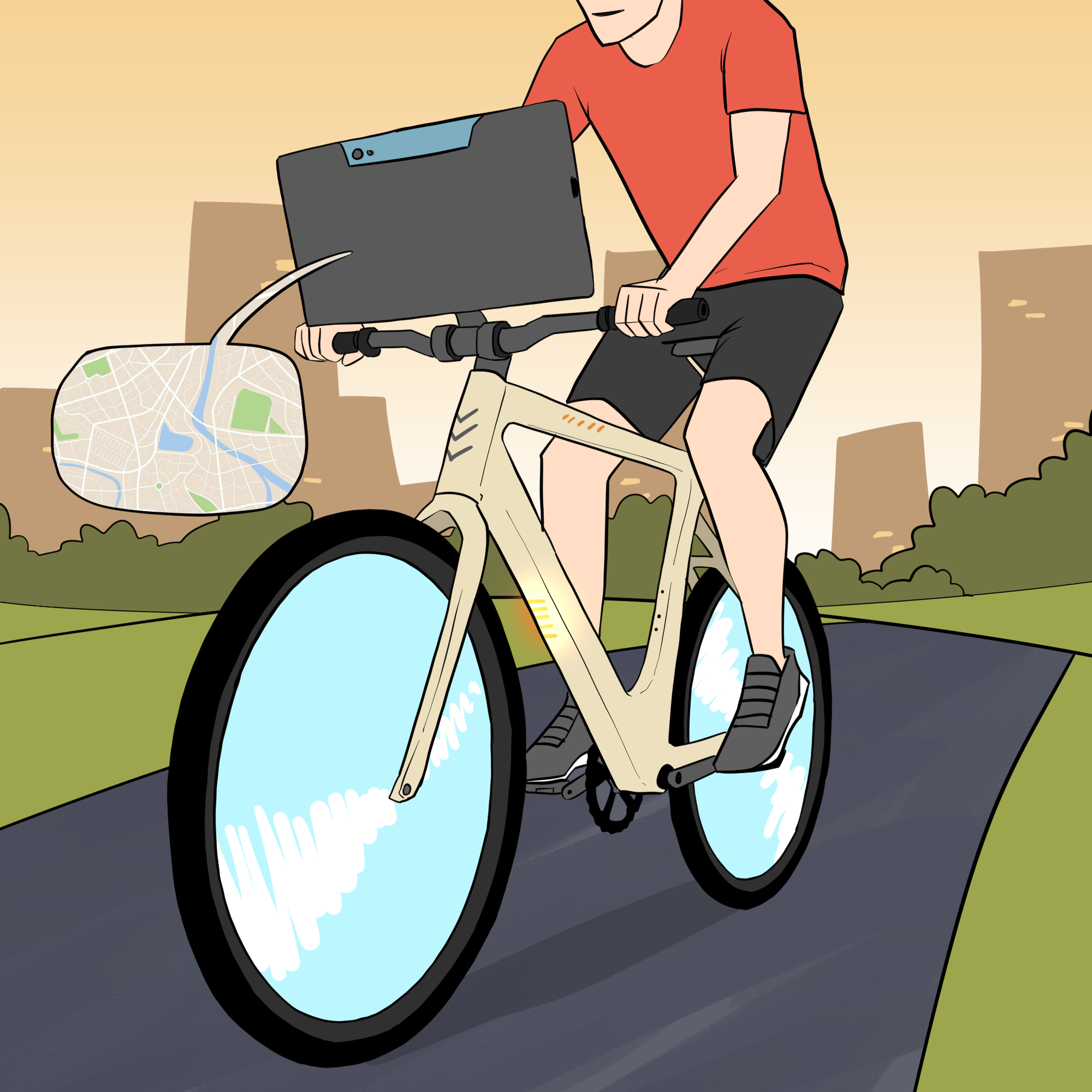 A man is riding a bike down a path. The bike has a screen on the handlebars, a speech bubble is coming out of the screen showing what is on the screen and that is showing a map.