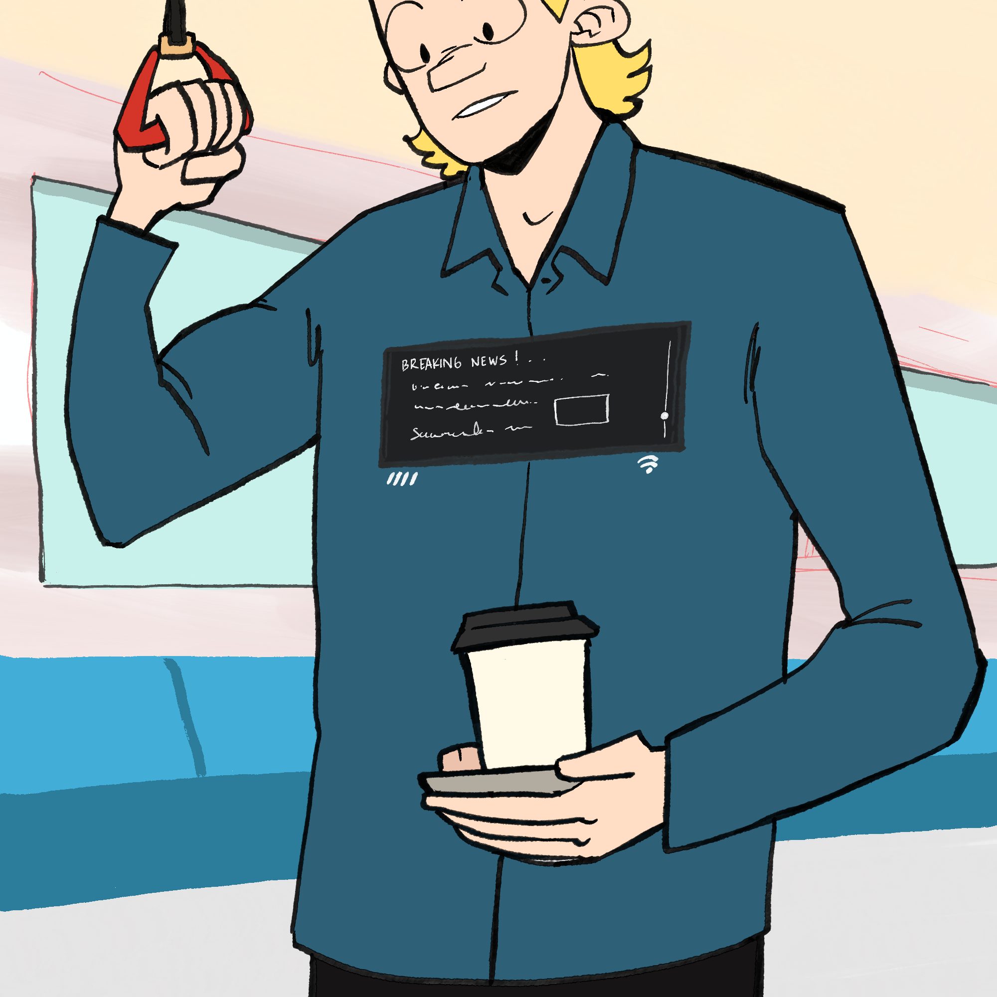 A man is standing on a train hanging on to a handle while holding a coffee cup in his other hand. On his shirt there is a screen showing breaking news.