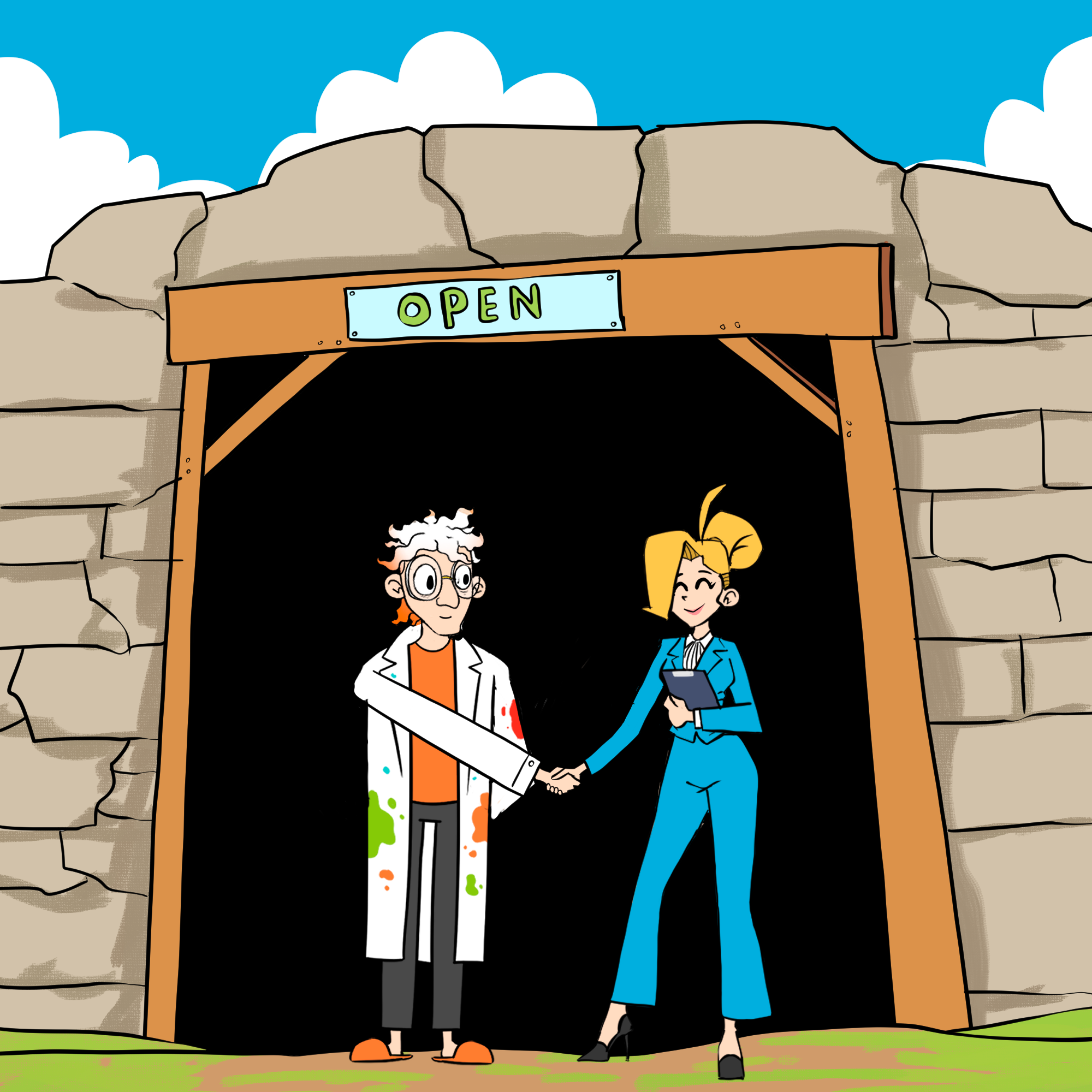 Jenny is standing in front of a mine, shaking hands with Dr Splatterjacket with a banner over the entrance to the mine which says - Open.