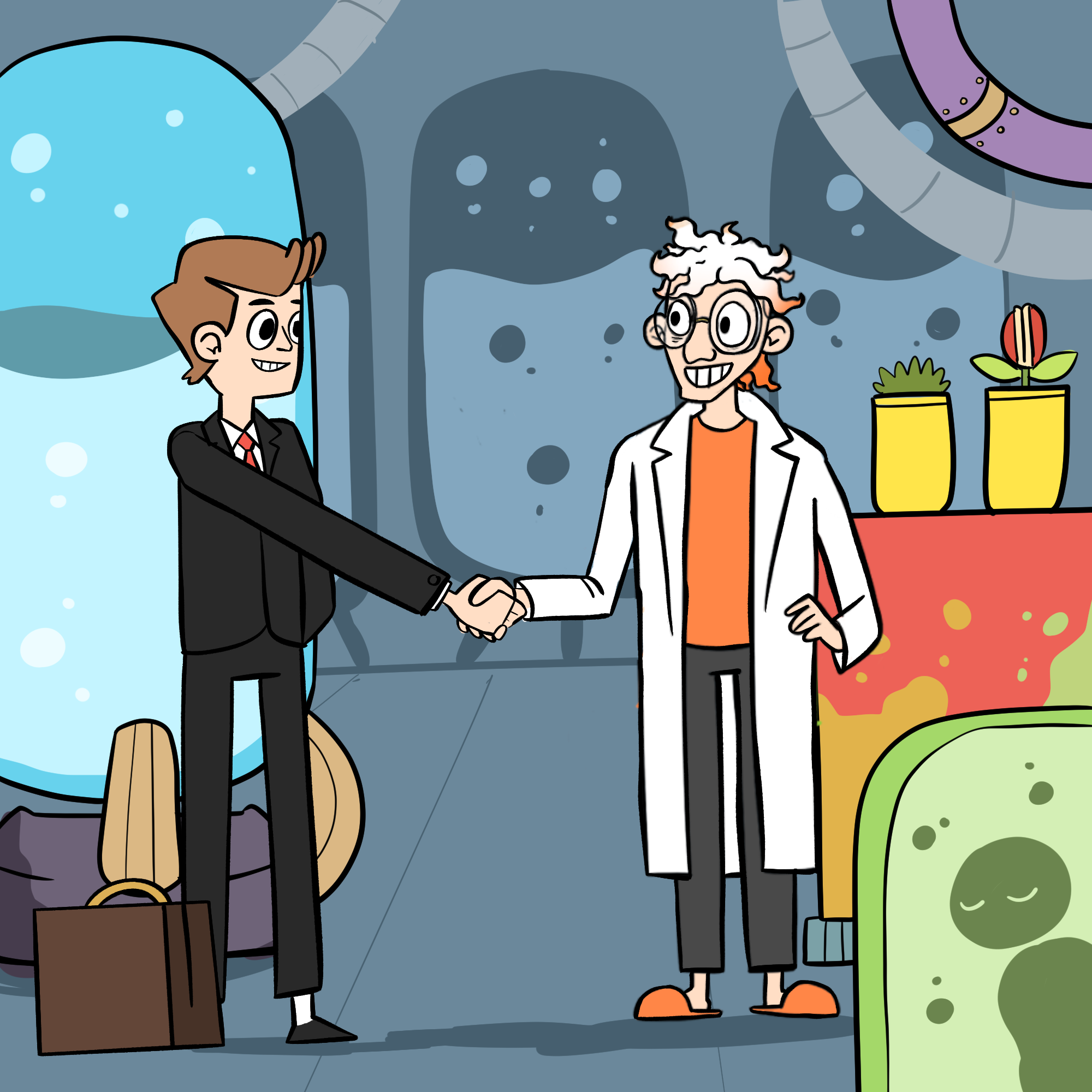 George is standing in Dr Splatterjacket's lab. George is wearing a suit, has a suitcase and is shaking Dr Splatterjacket's hand. They both look happy.