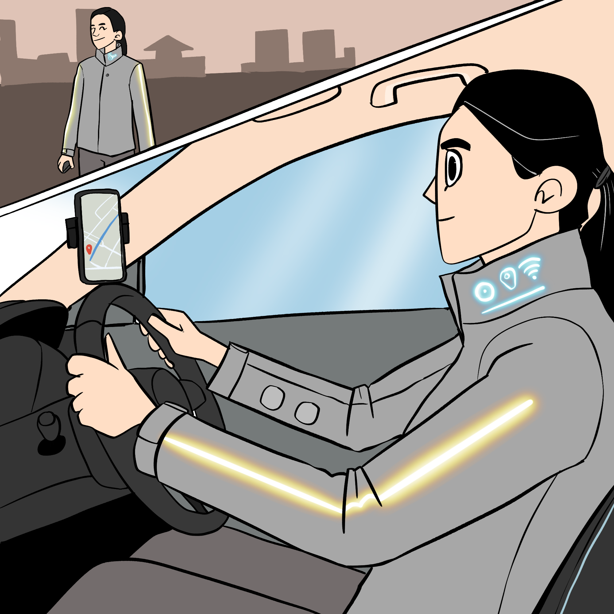 A lady is driving a car while wearing a jacket. On the collar of the jacket are symbols indicating internet connectivity and mapping. There is a yellow indicator on her arm that is flashing. Outside the car the same woman is wearing the same jacket while walking with the same indicators.