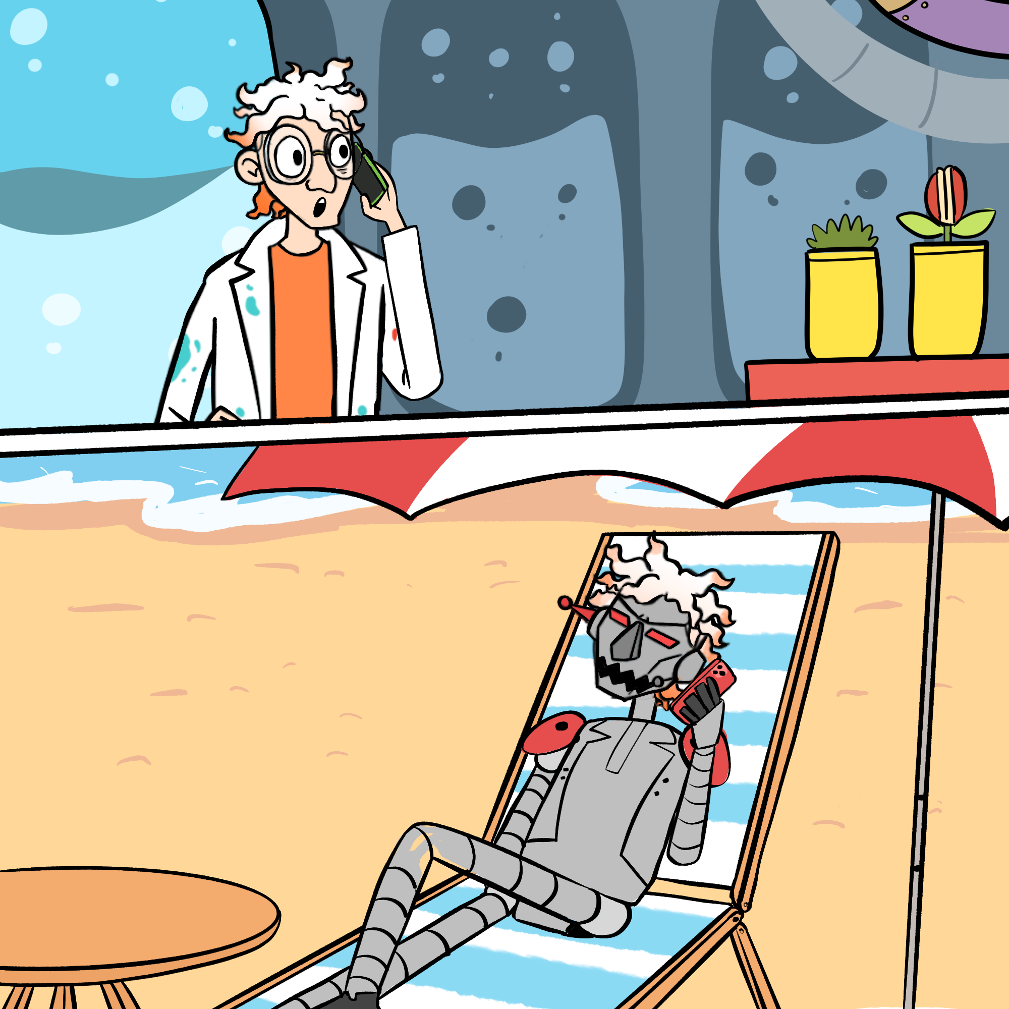 Dr Splatterjacket is in his lab on the phone in the top half of the picture. In the bottom half of the picture Zargoid 5 is on a beach on a deck chair also on a phone.