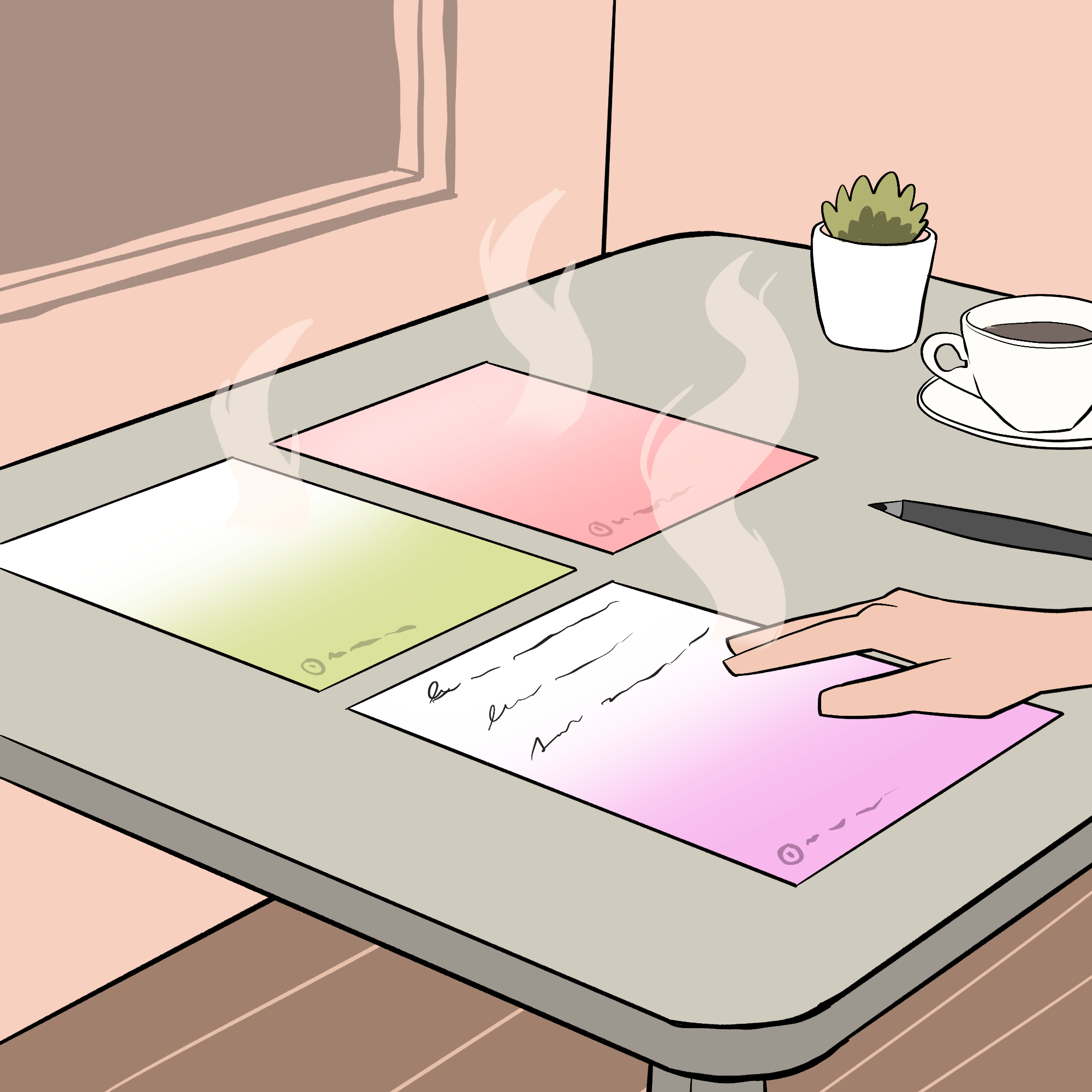 Three pieces of coloured paper are sitting on a desk alongside a plant, a cup of coffee and a pen. A hand is touching one of the pieces of paper.