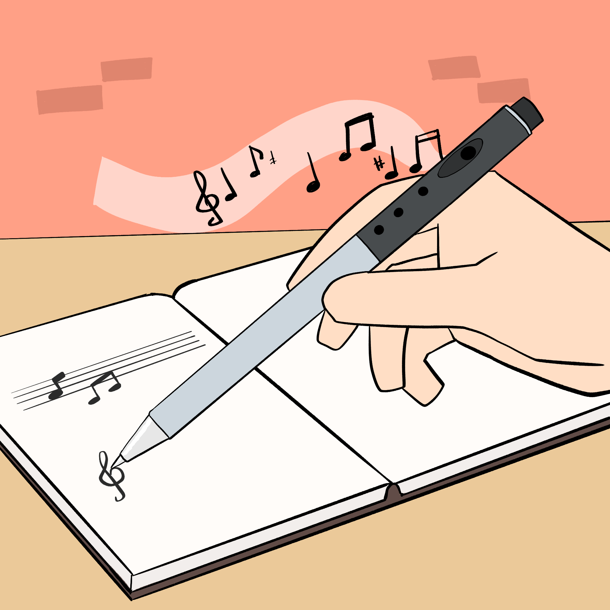 A notebook is lying on the table. There is a stave of music near the top of a page, with another stave being written by a pen, held in a hand. At the top of the pen there is a hole like that in a flute and musical notes are coming out of it.