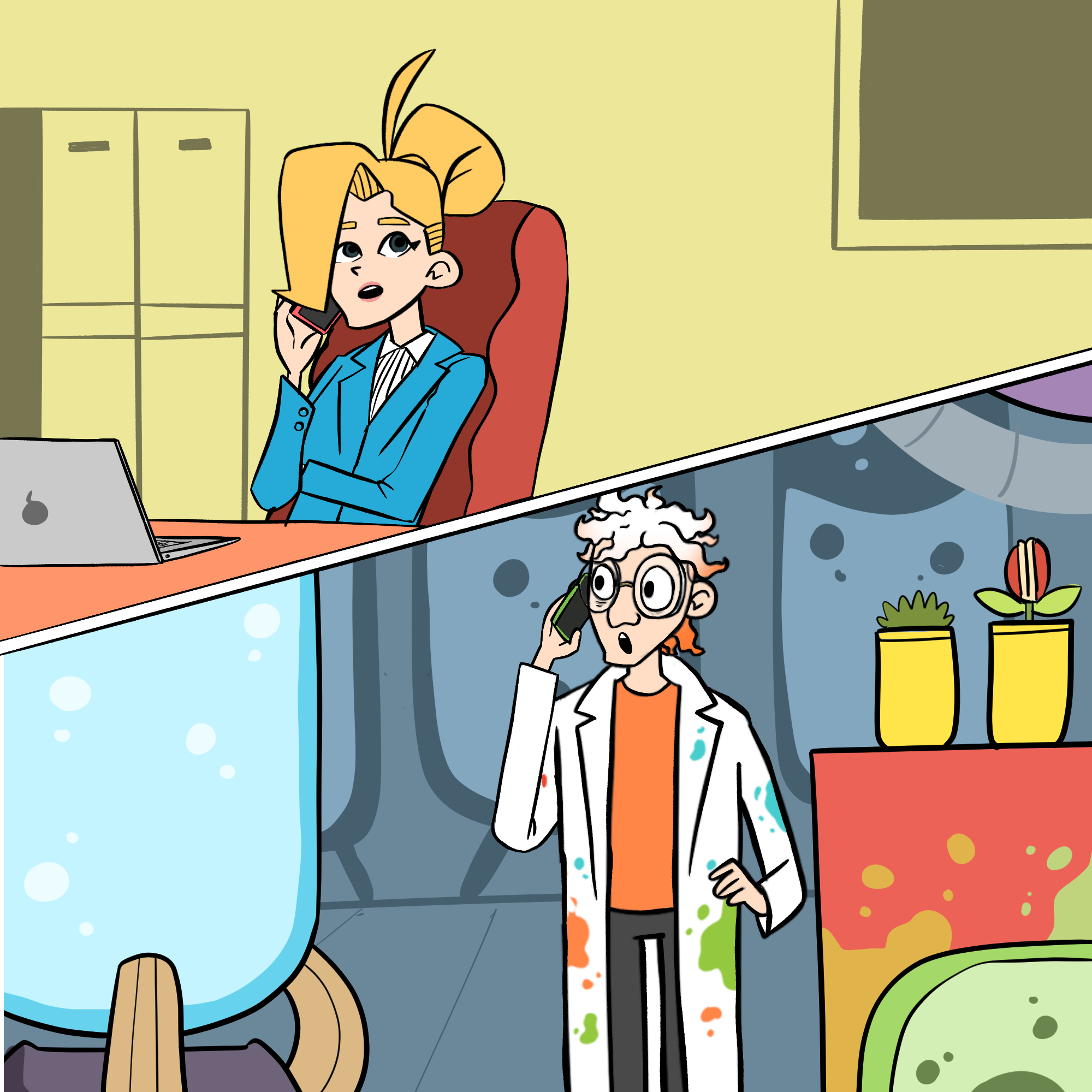 Jenny is on her phone while sitting at her desk in a fancy office with a laptop in front of her on her desk. In the other half of the image is Dr Splatterjacket who is also on the phone but from his lab.