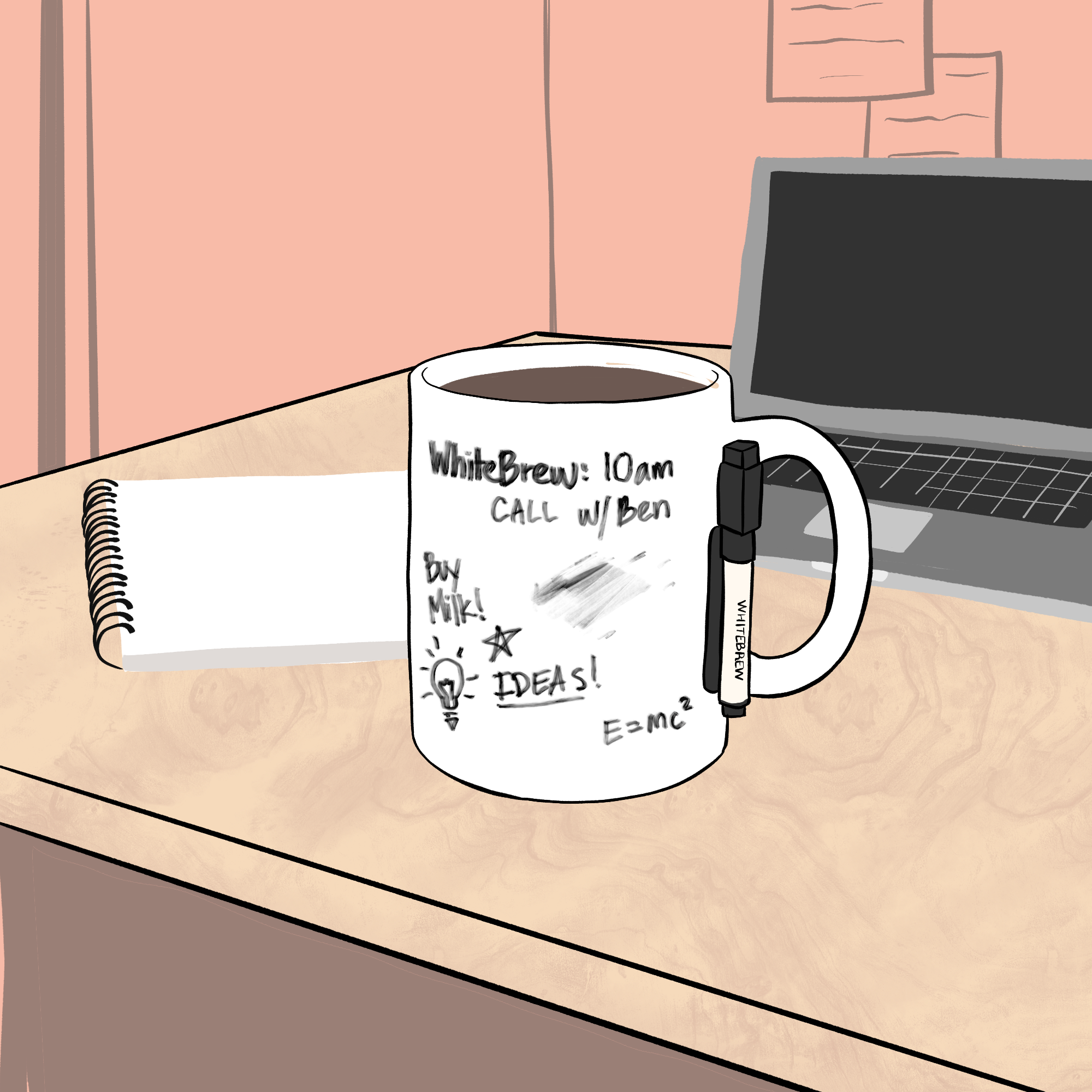 On a desk with a laptop sits a white mug. Attached to the mug is a pen with an whiteboard eraser on the end of it. Written on the mug is ‘White Brew: 10am’, ‘Call with Ben’, ‘Buy Milk!’, ‘Ideas’ and ‘E=MC2'.