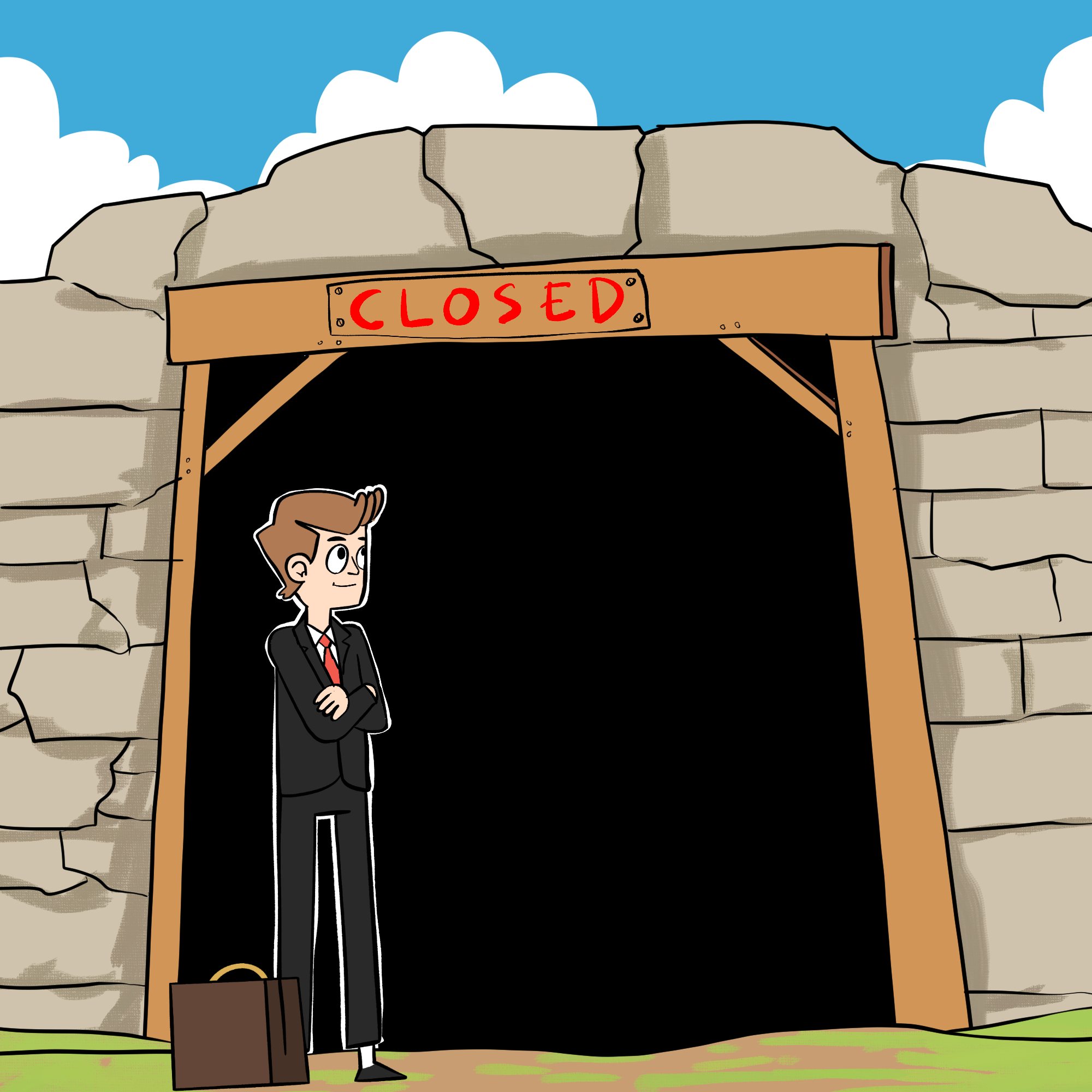 George is standing in front of the entrance to the mine. There is a sign above the door saying 'Closed'. George has his briefcase next to him.