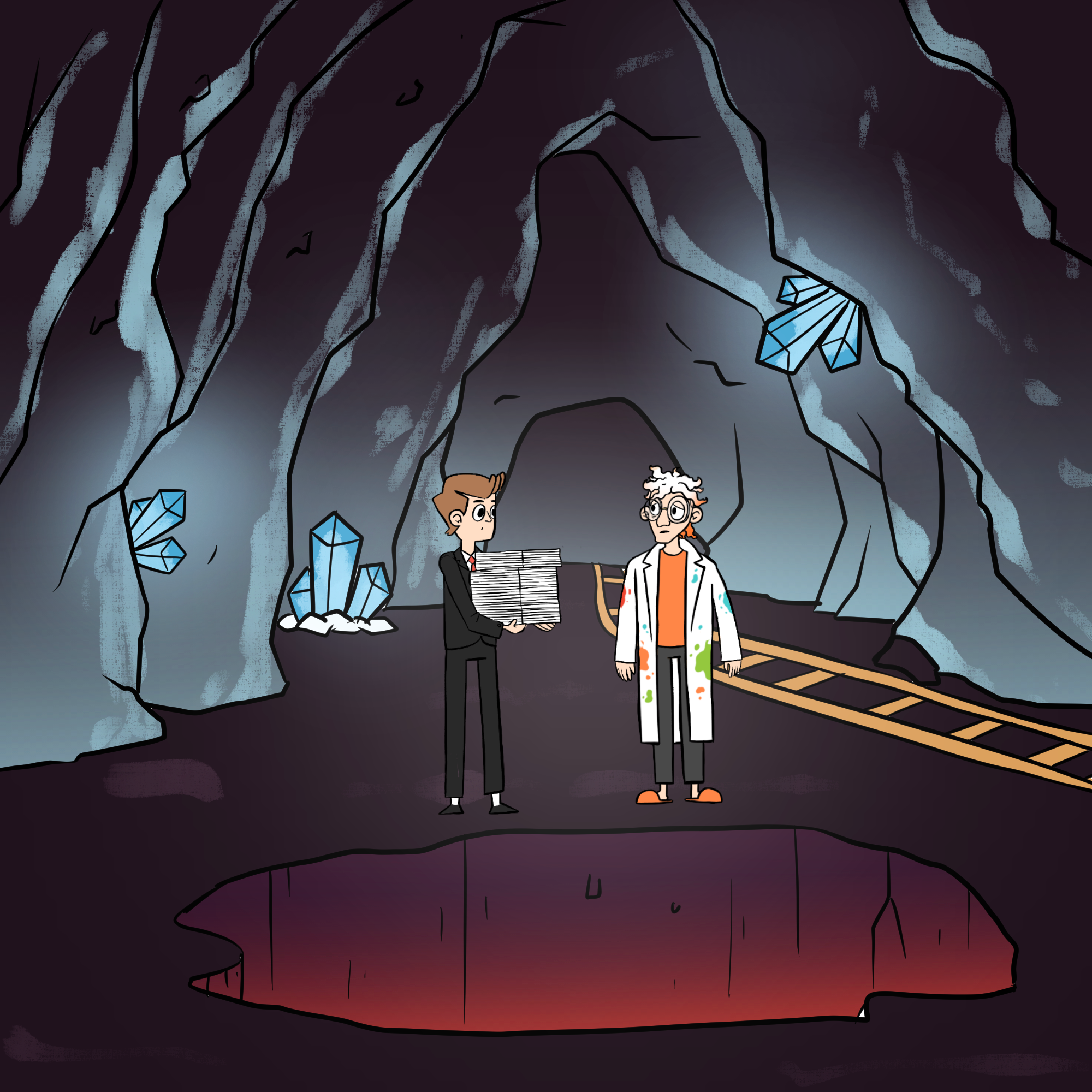 George and Dr Splatterjacket are standing in the mine next to a big mine and a railway track. George is holding a whole lot of papers. Dr Splatterjacket is looking worried.