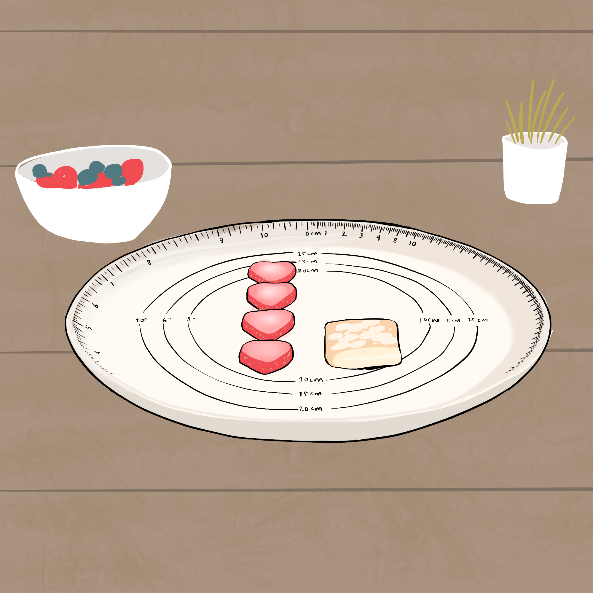 On a table there is a bowl of fruit and a plant… but in the centre of the table is plate with lines running around it with measurements on it. In the middle of the plate are some cut up strawberries and a folded pancake.