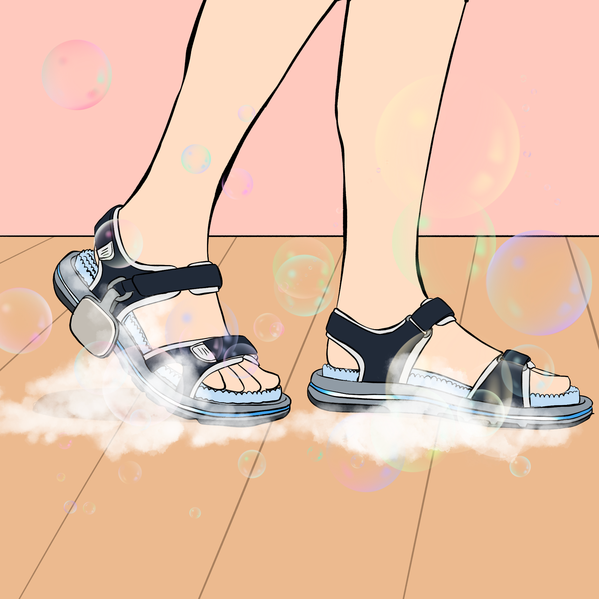 A kitchen floor with a pink wall fills the picture. In the middle of the space a pair of legs is walking while wearing some cool looking sandals. Coming out of the sandals are some soapy bubbles that seem to be cleaning the floor.