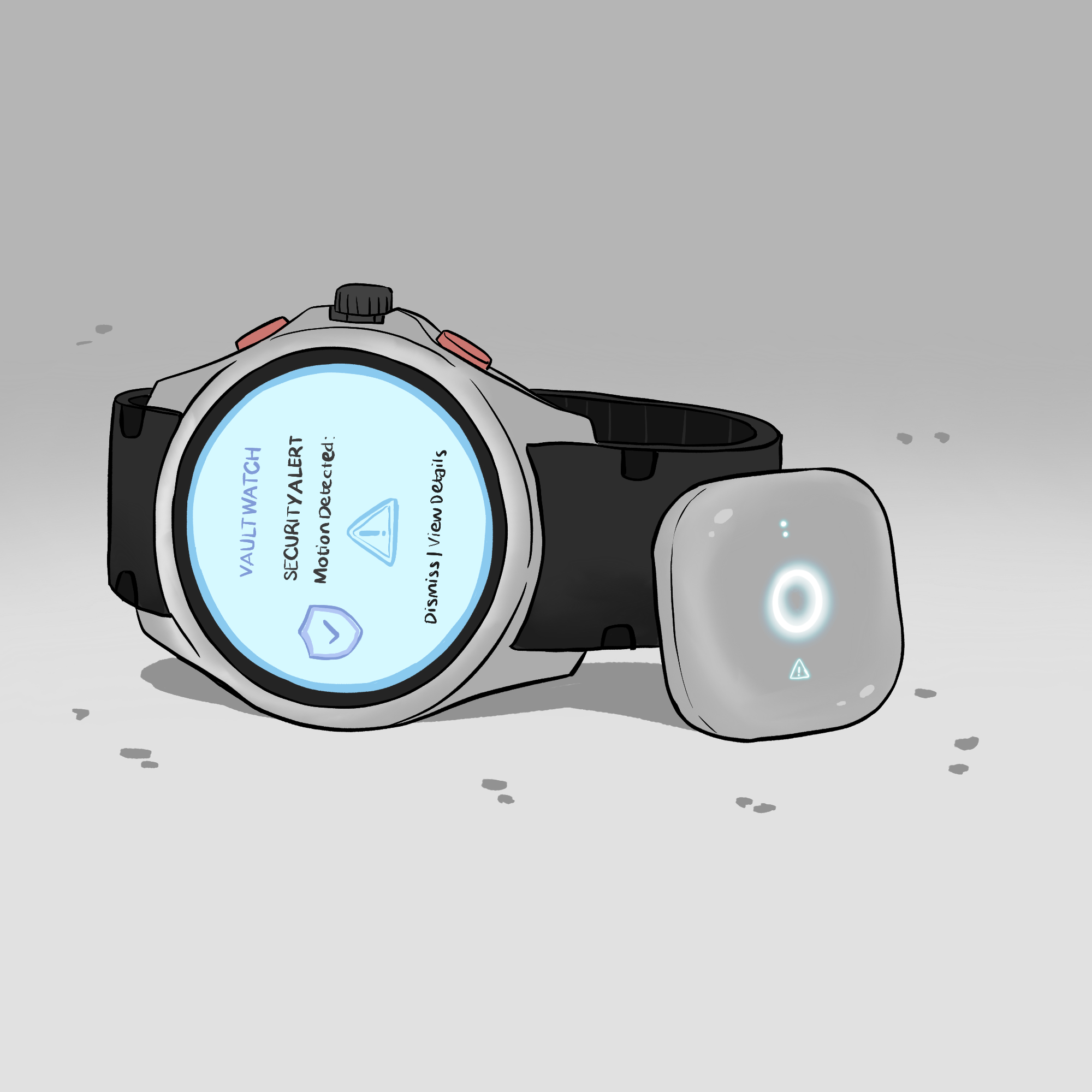 Sitting on its side on a table is a watch with a smart screen. On the screen is a message which says ‘VaultWatch - Security Alert - Motion Detected.’ It has an exclamation mark in a triangle and below another message which says, ‘Dismiss / View Details’.