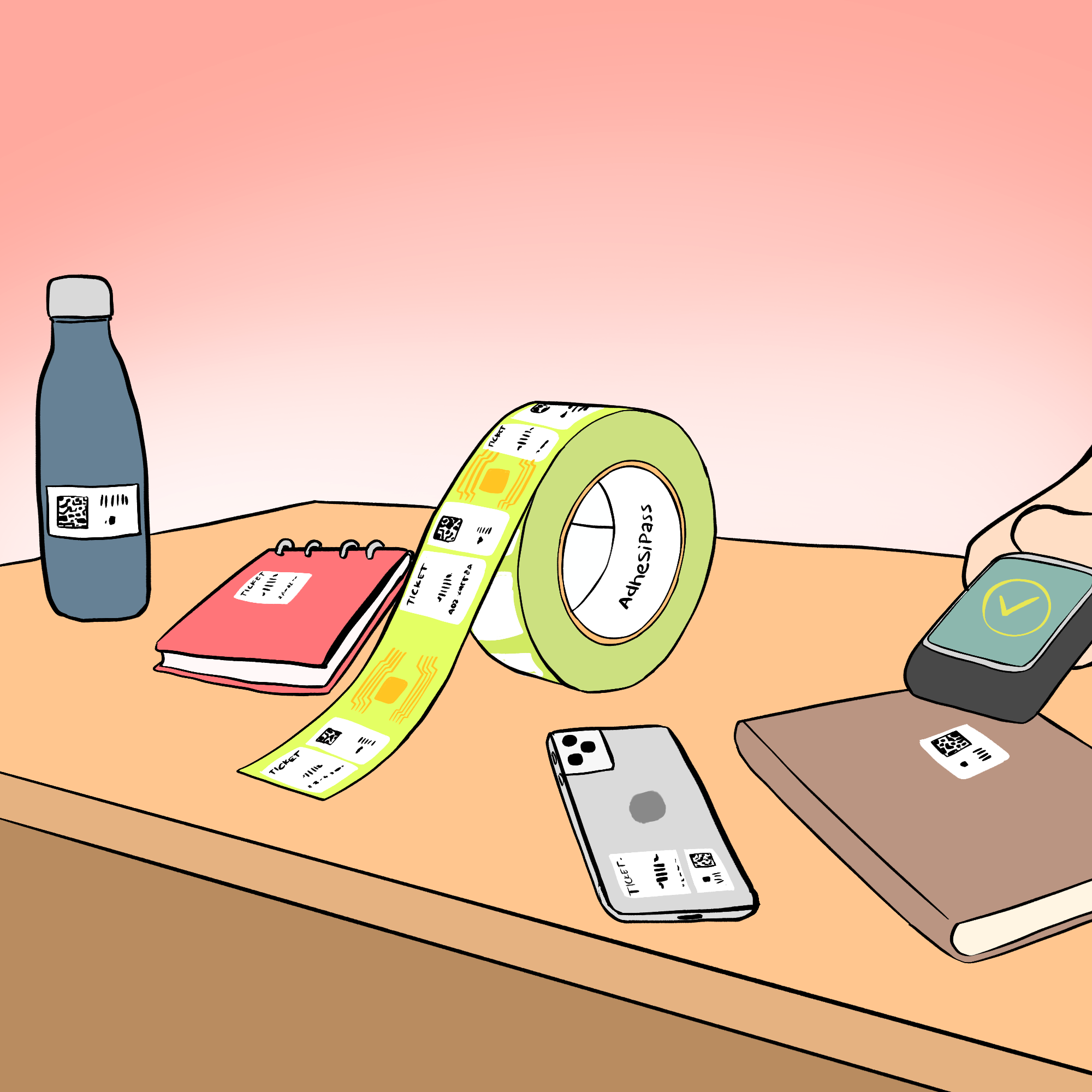 A table has many items on it. A water bottle, a notebook, a phone, a book. Each has a sticker attached with a scannable QR code. A scanner is scanning the book, and it has a big tick on it. There is also a roll of green tape with lots of these stickers on it, which says in the middle of the roll AdheSiPass.