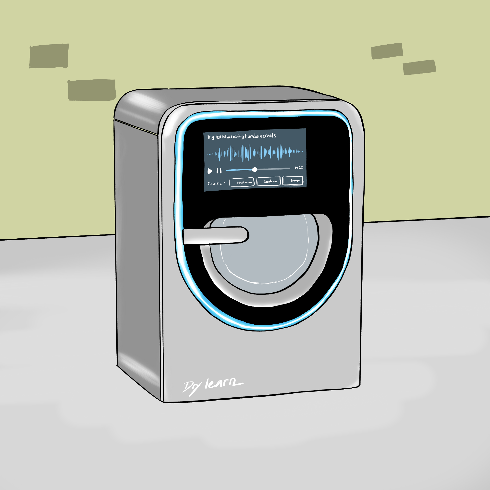 A clothes dryer is sitting in a green bricked room. On the front of the dryer is an electronic display with a sound wave on it. Above the Soundwave is the text Digital Marketing Fundamentals. A play and pause button and other podcasts can be chosen. At the bottom of the dryer it says DryLearn.