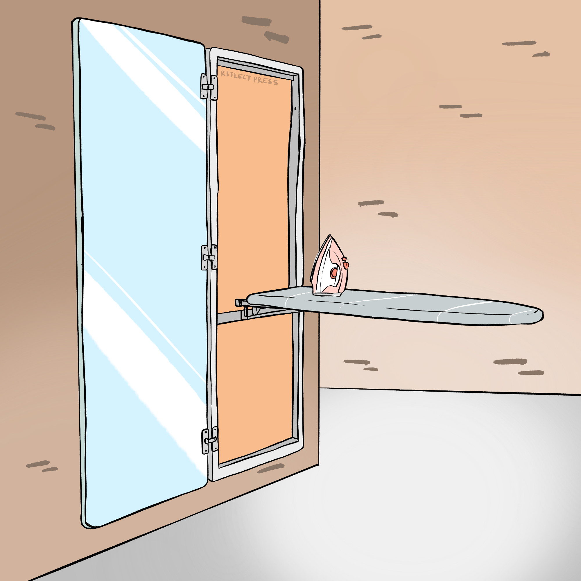 A mirror is on a wall on a hinge. It has clearly in the open position, folded back what it has revealed is an ironing board also on a hinge which has been let down so it is ready to iron. On top is an iron. Inside the empty space where the ironing board usually sits is some writing which says ReflectPress.