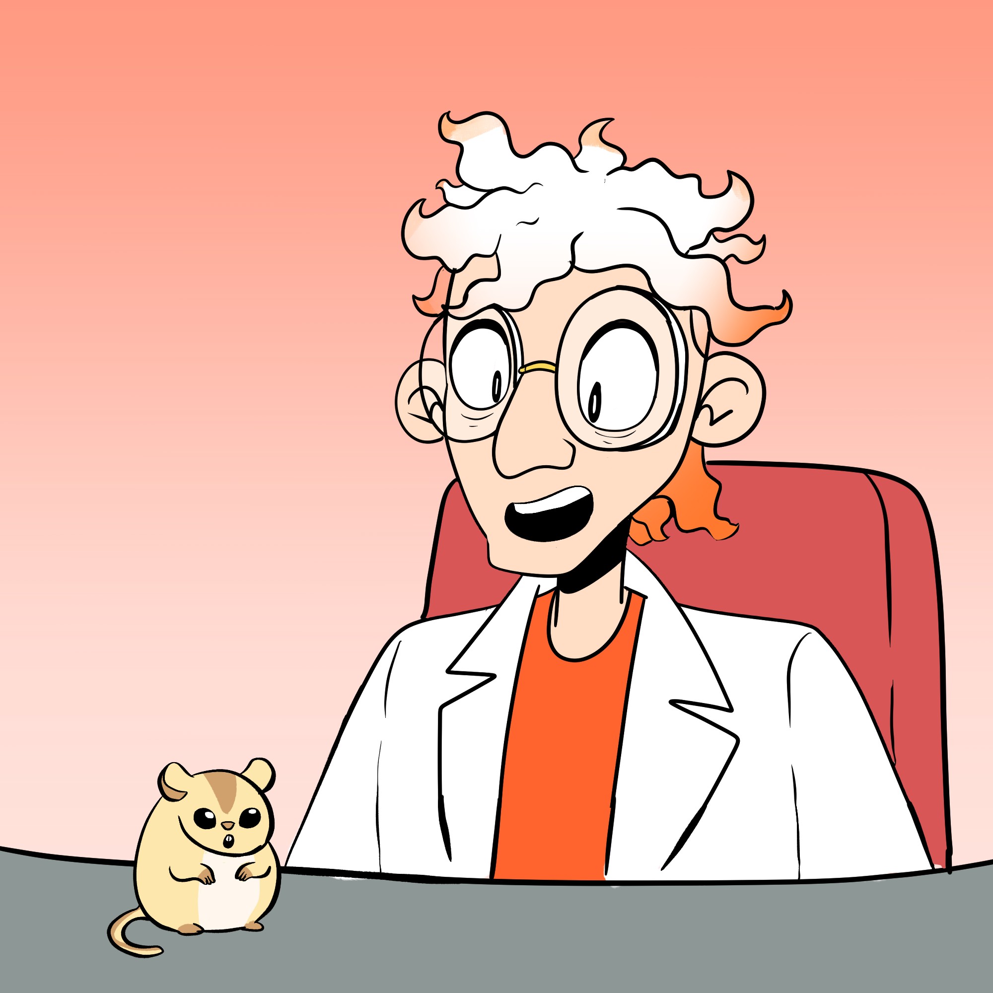 Dr Splatterjacket sitting at a desk talking to his gerbil Dennis.