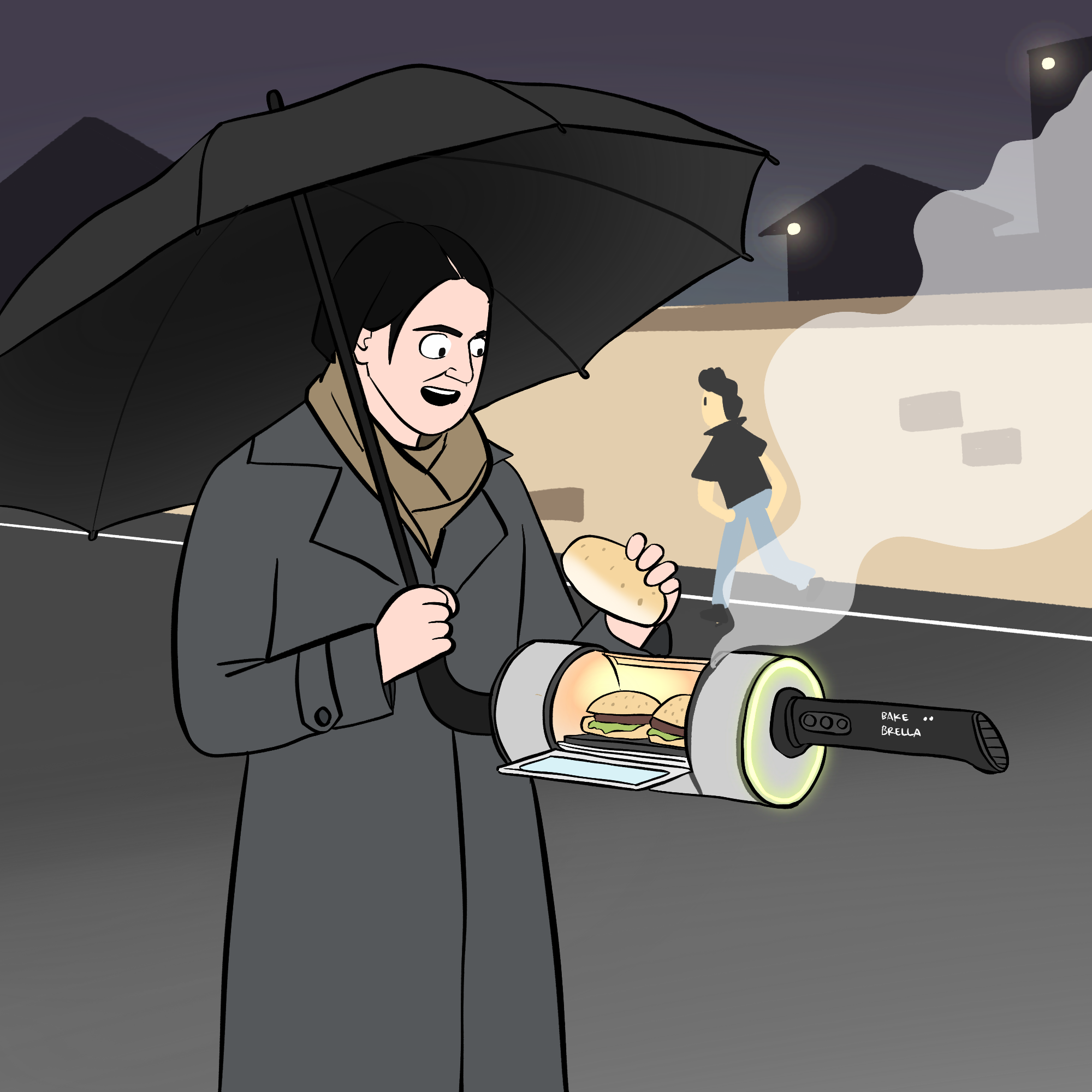 A man is walking down a street at nighttime, he is well lit by street lighting. It is clearly raining and he is holding an umbrella. The handle of the umbrella contains an oven. Inside the oven are two warm sandwiches. The man is about to put a warm roll to his mouth and he looks ready to eat it. On the handle it says BakeBrella.
