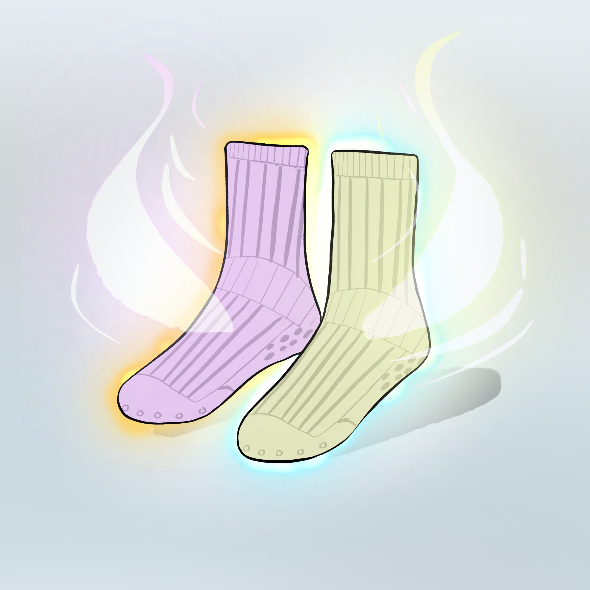 A pair of socks, one pink, one green, are floating in mid-air. Wafting off them is sort of steam or aroma.
